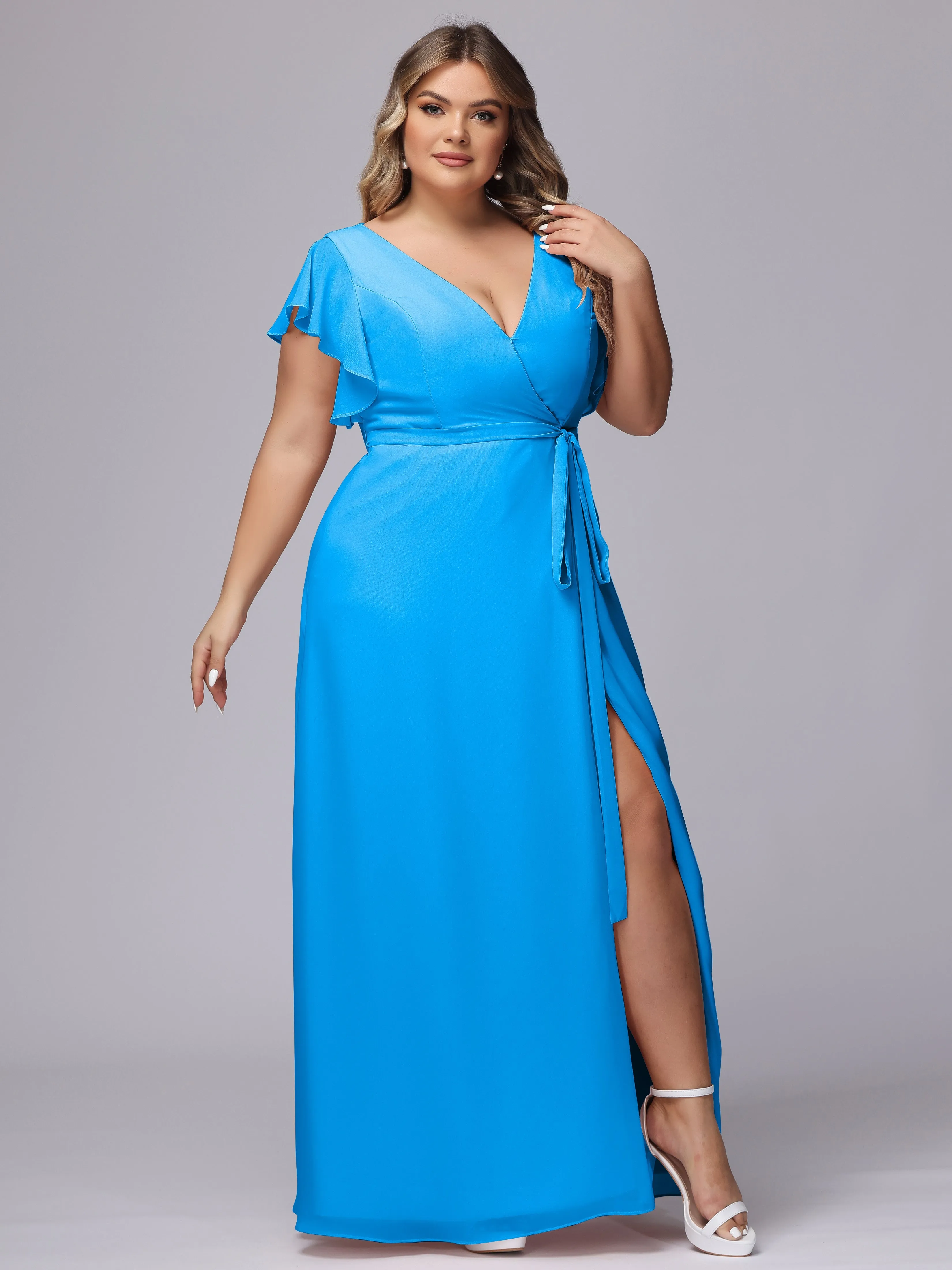 Simple V-neck Ruffled Sleeves Plus Size Chiffon Bridesmaid Dress