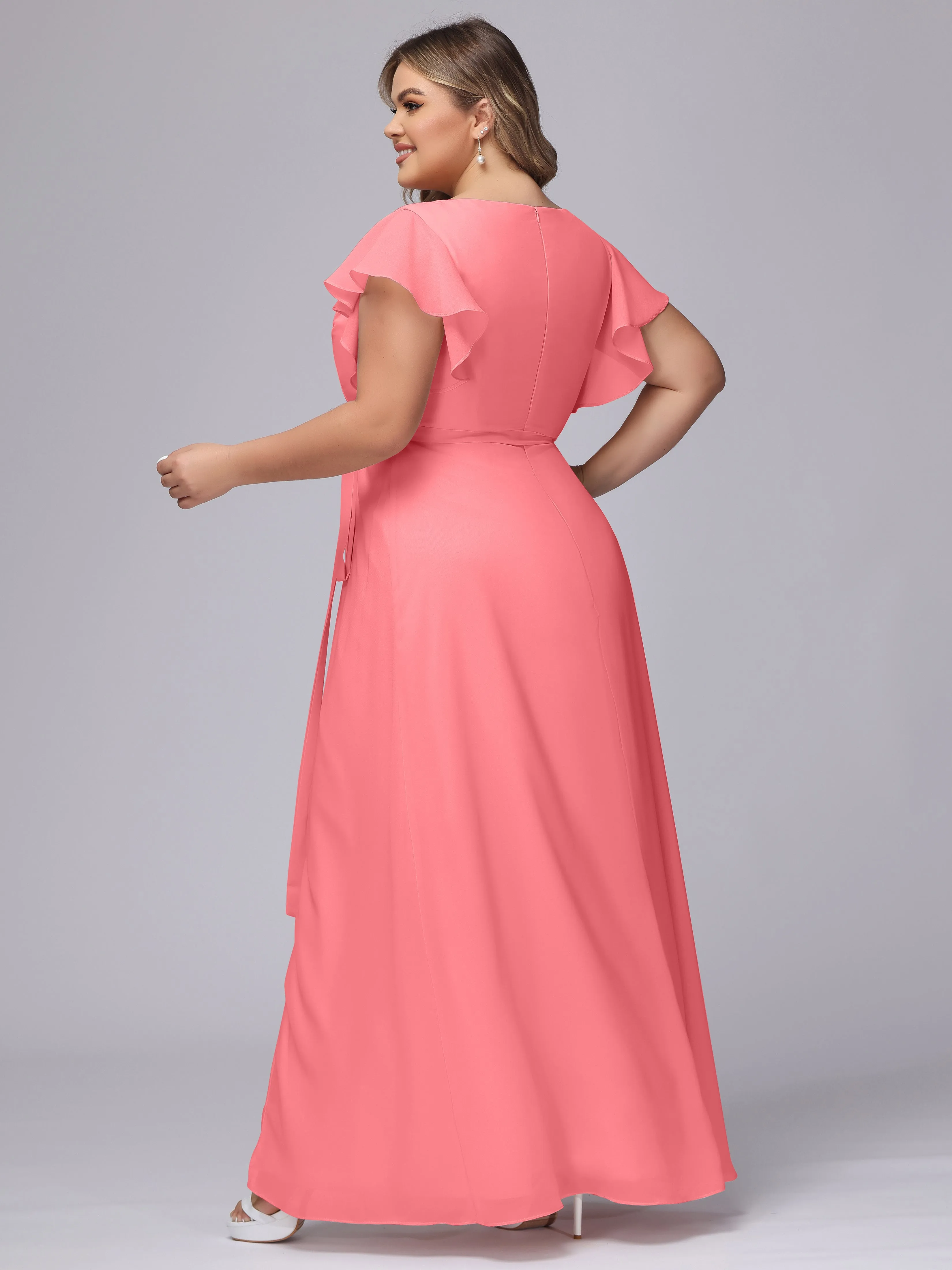 Simple V-neck Ruffled Sleeves Plus Size Chiffon Bridesmaid Dress