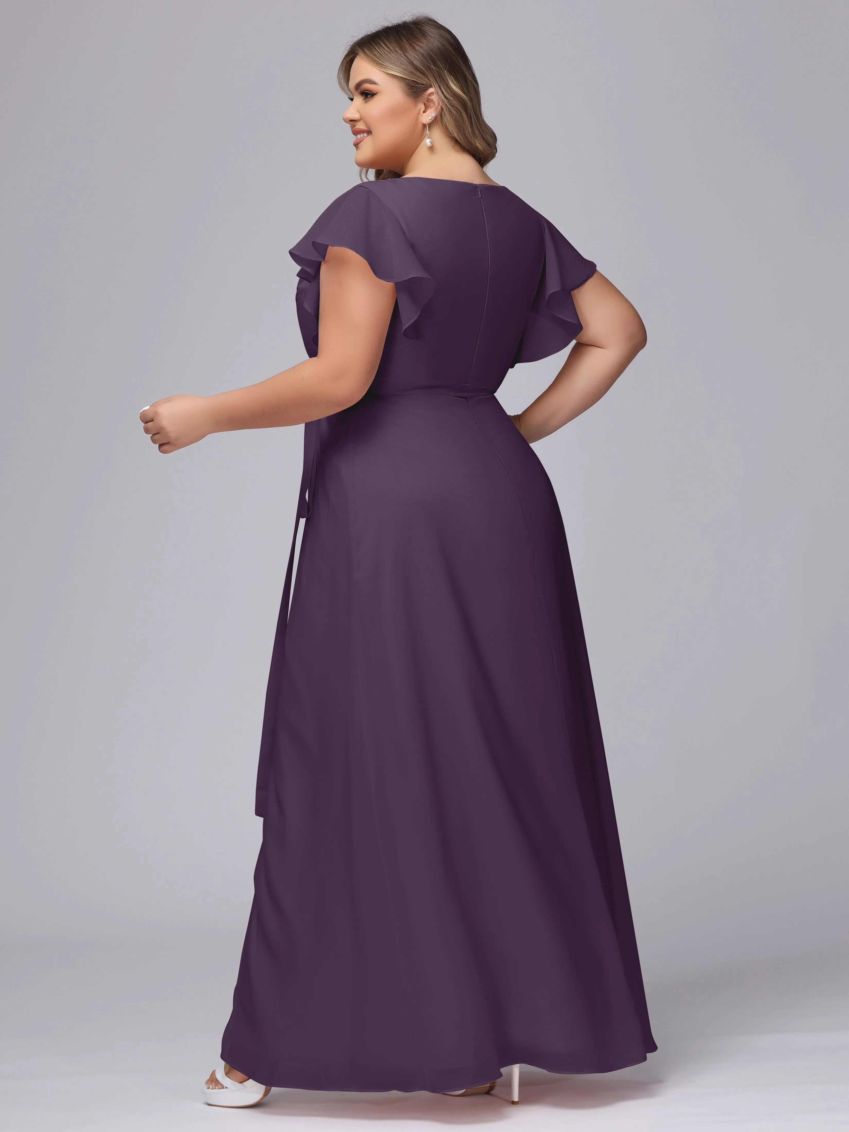 Simple V-neck Ruffled Sleeves Plus Size Chiffon Bridesmaid Dress