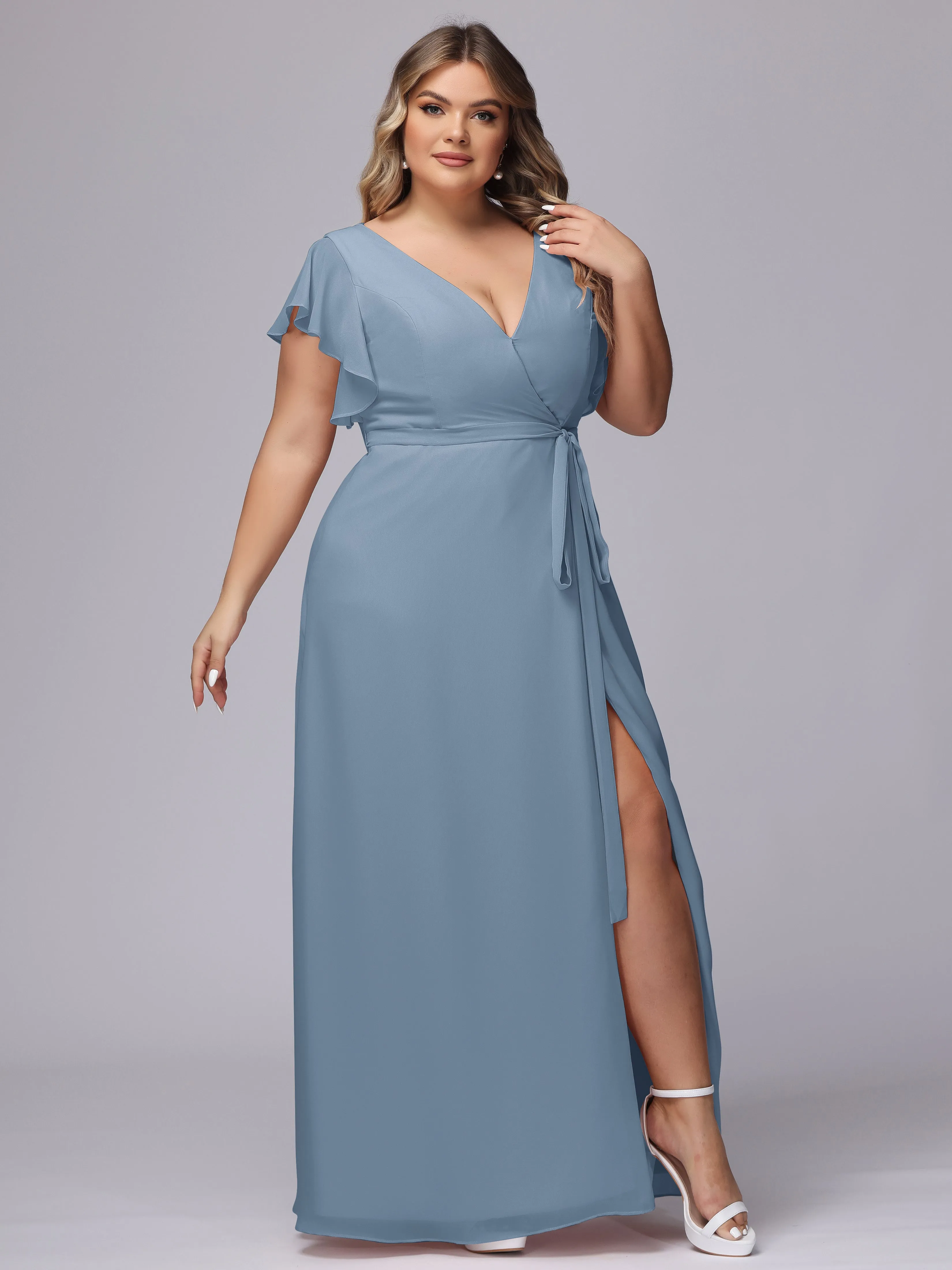 Simple V-neck Ruffled Sleeves Plus Size Chiffon Bridesmaid Dress
