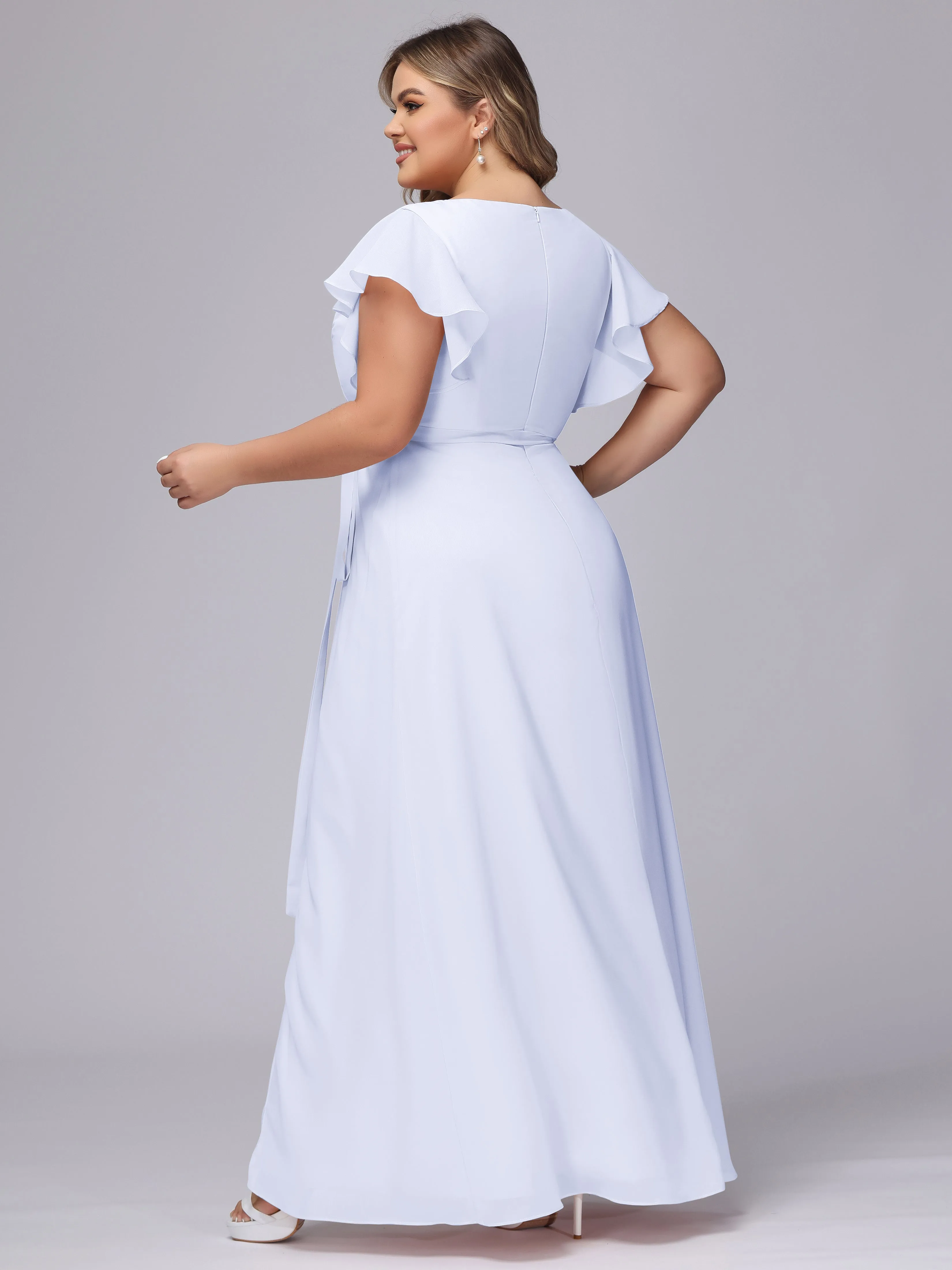 Simple V-neck Ruffled Sleeves Plus Size Chiffon Bridesmaid Dress