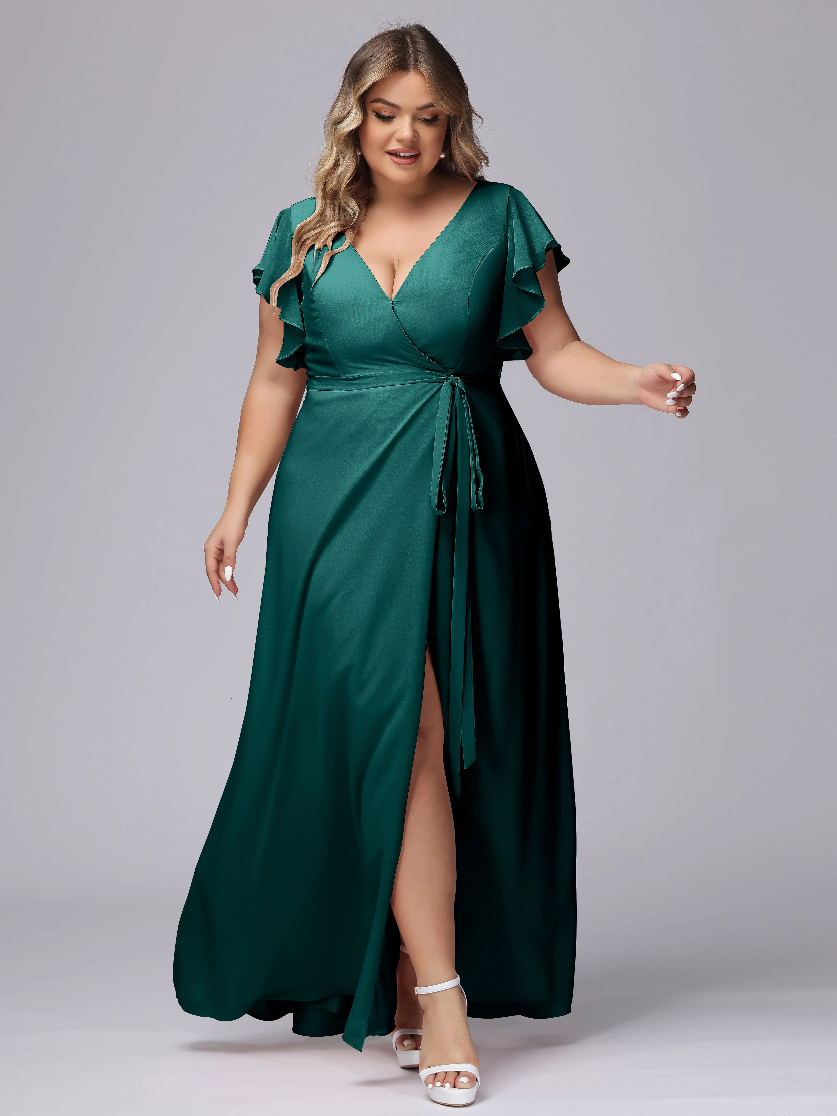 Simple V-neck Ruffled Sleeves Plus Size Chiffon Bridesmaid Dress