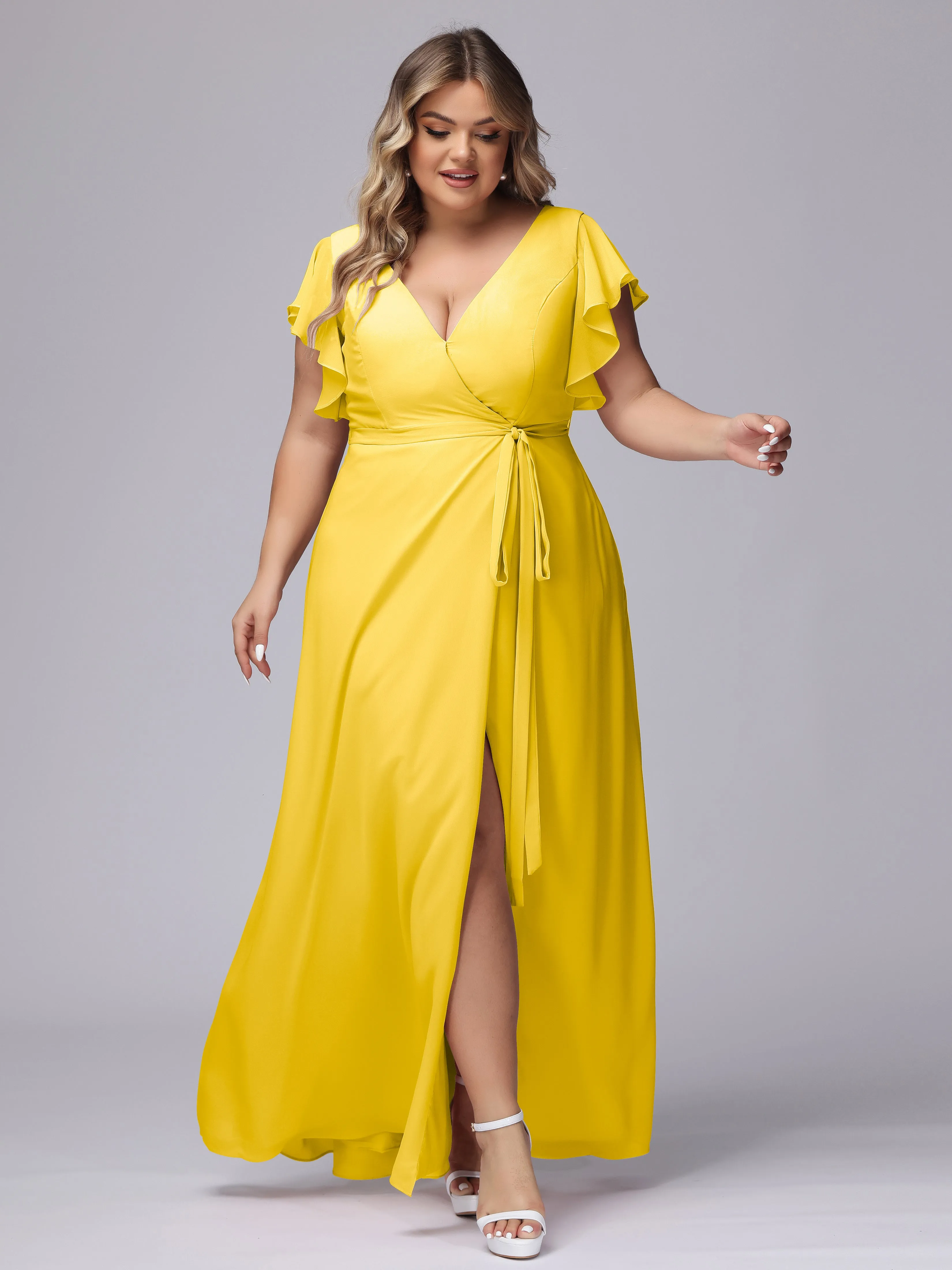 Simple V-neck Ruffled Sleeves Plus Size Chiffon Bridesmaid Dress
