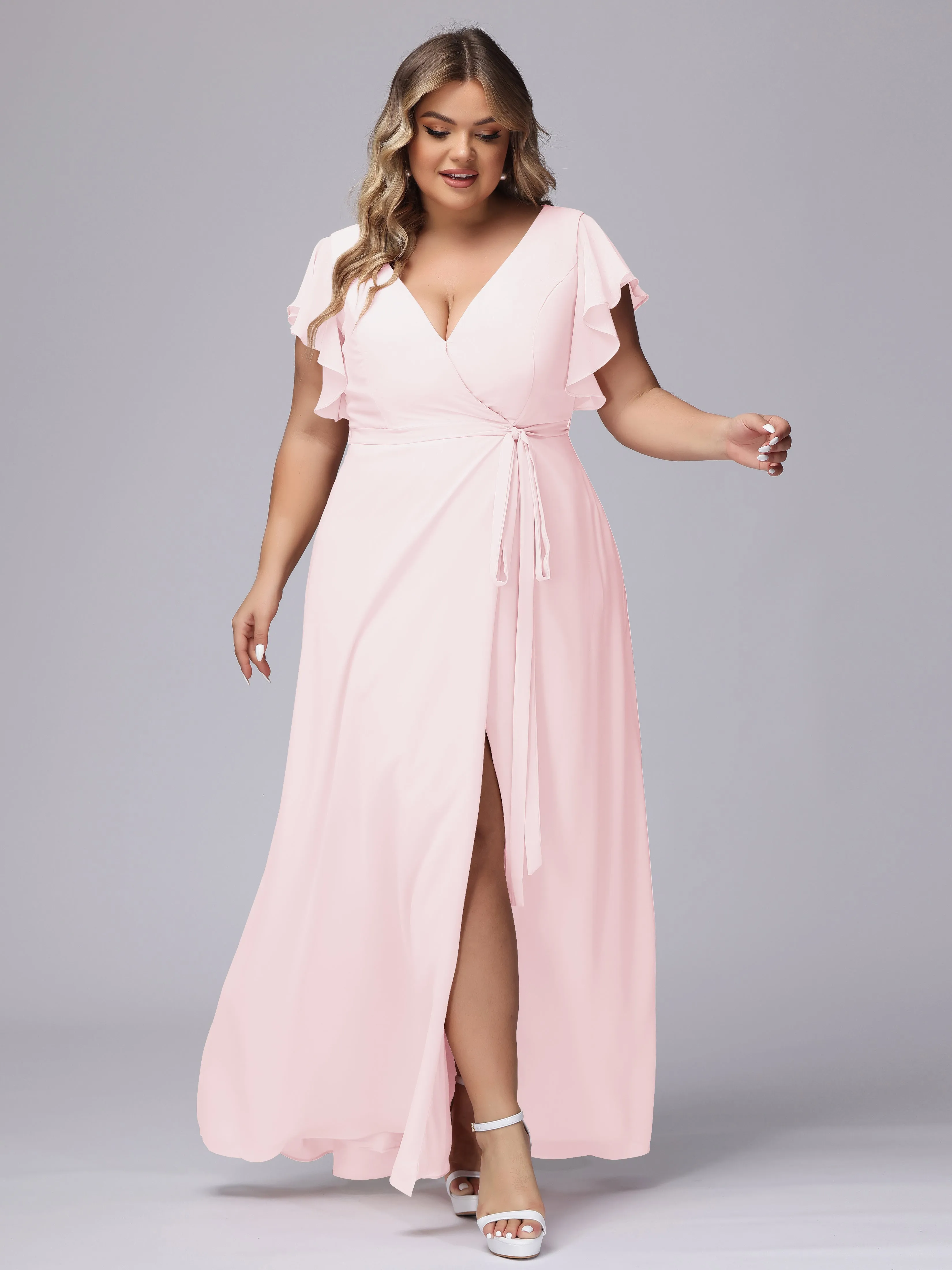 Simple V-neck Ruffled Sleeves Plus Size Chiffon Bridesmaid Dress