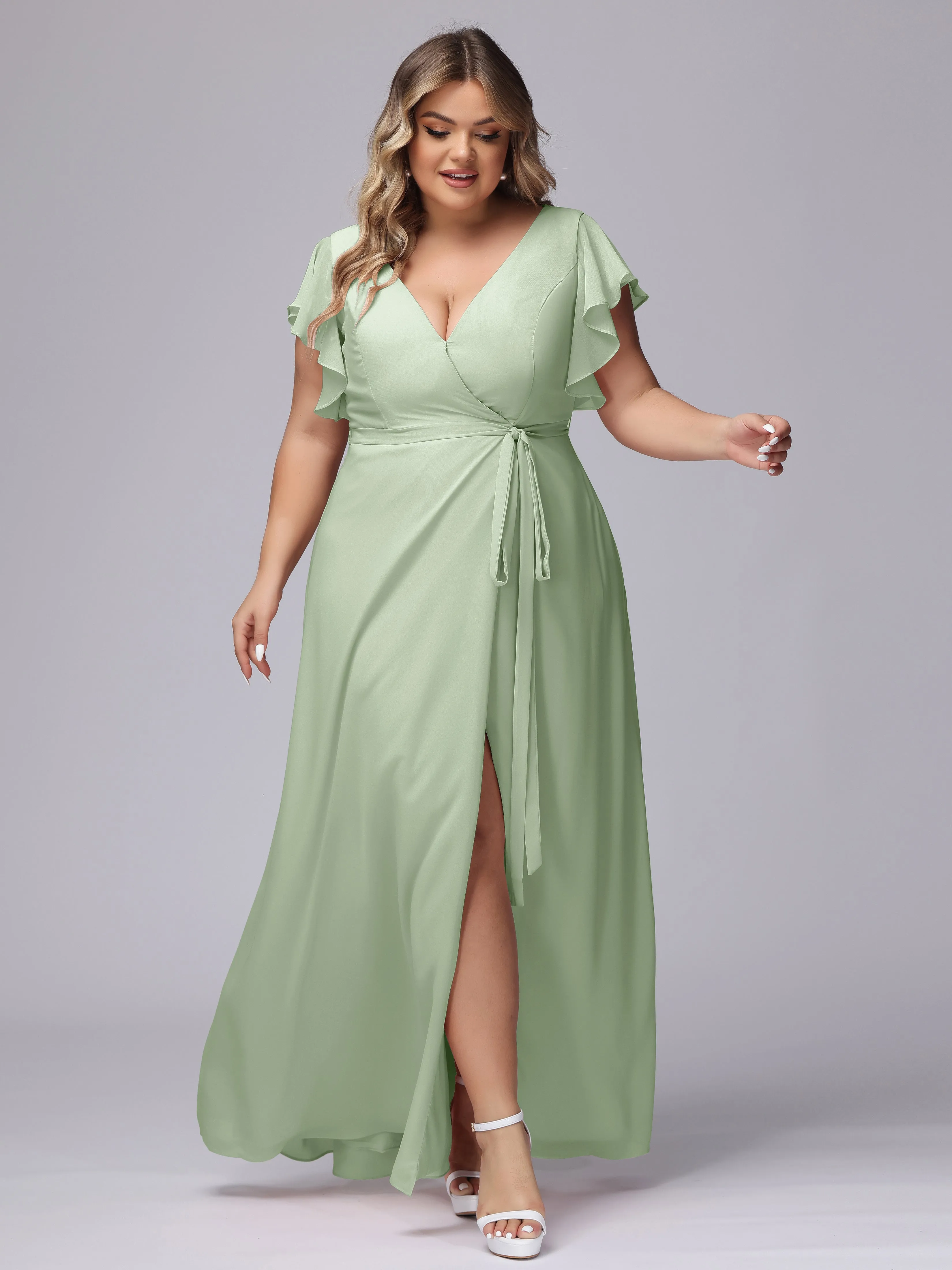 Simple V-neck Ruffled Sleeves Plus Size Chiffon Bridesmaid Dress