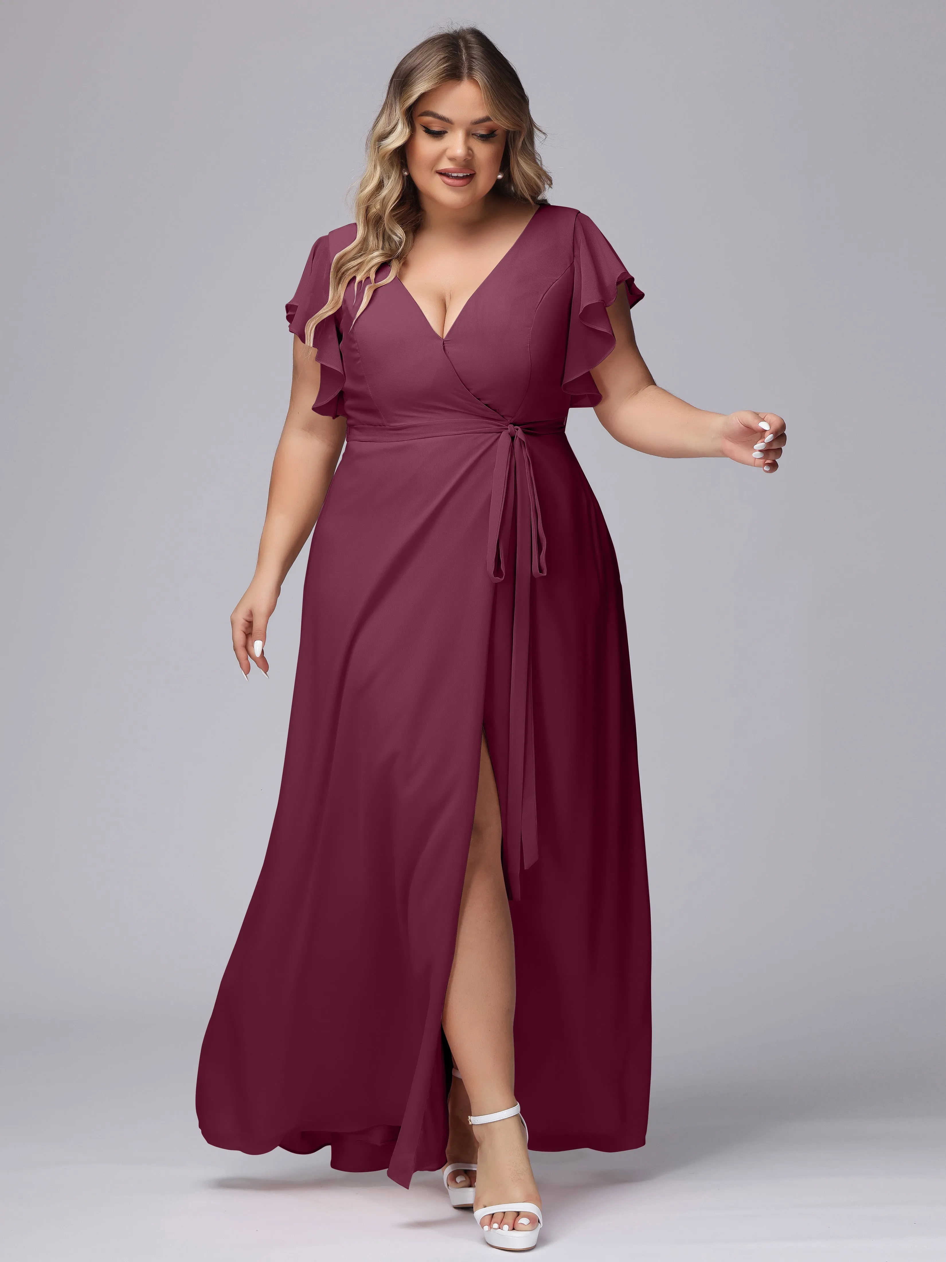 Simple V-neck Ruffled Sleeves Plus Size Chiffon Bridesmaid Dress