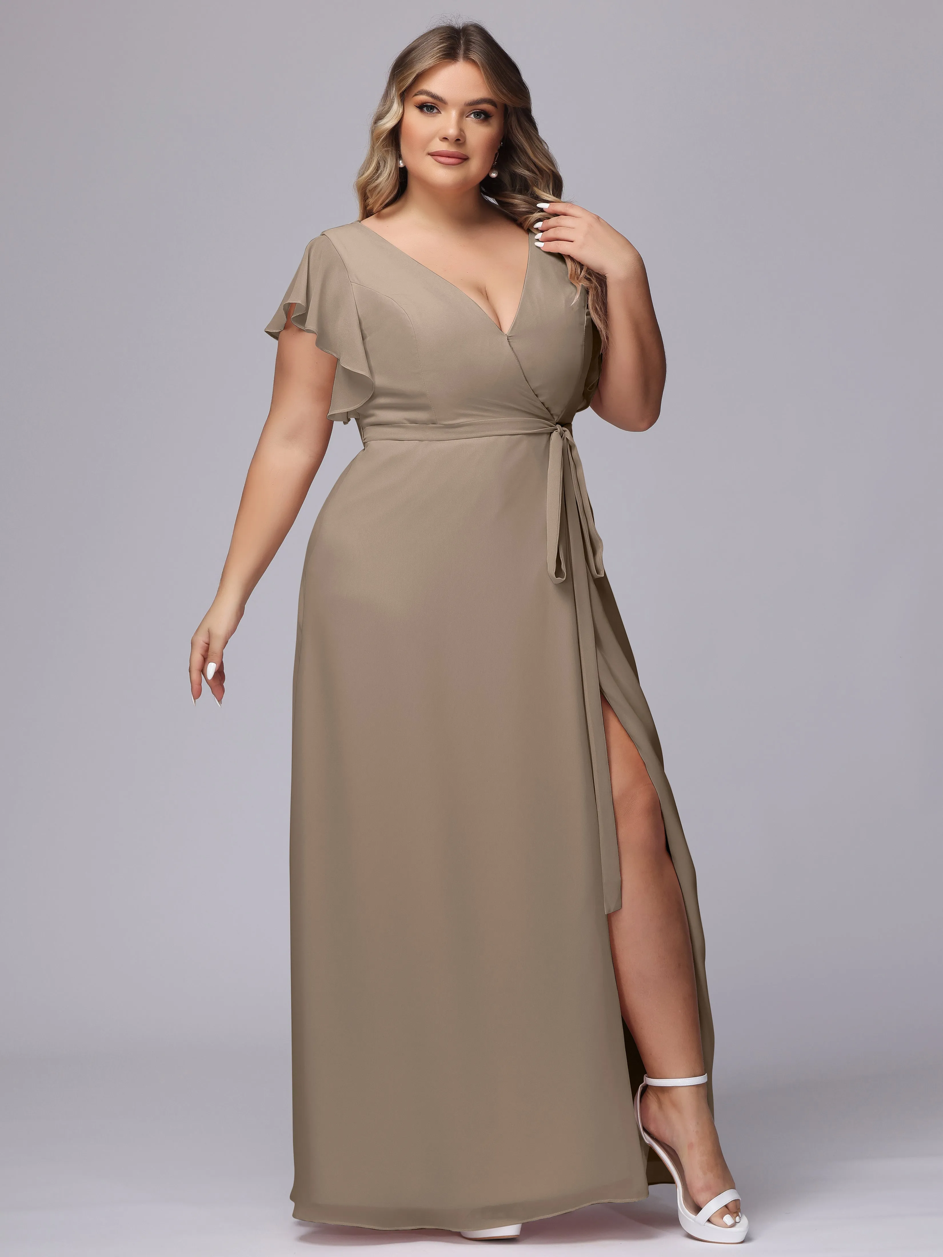 Simple V-neck Ruffled Sleeves Plus Size Chiffon Bridesmaid Dress