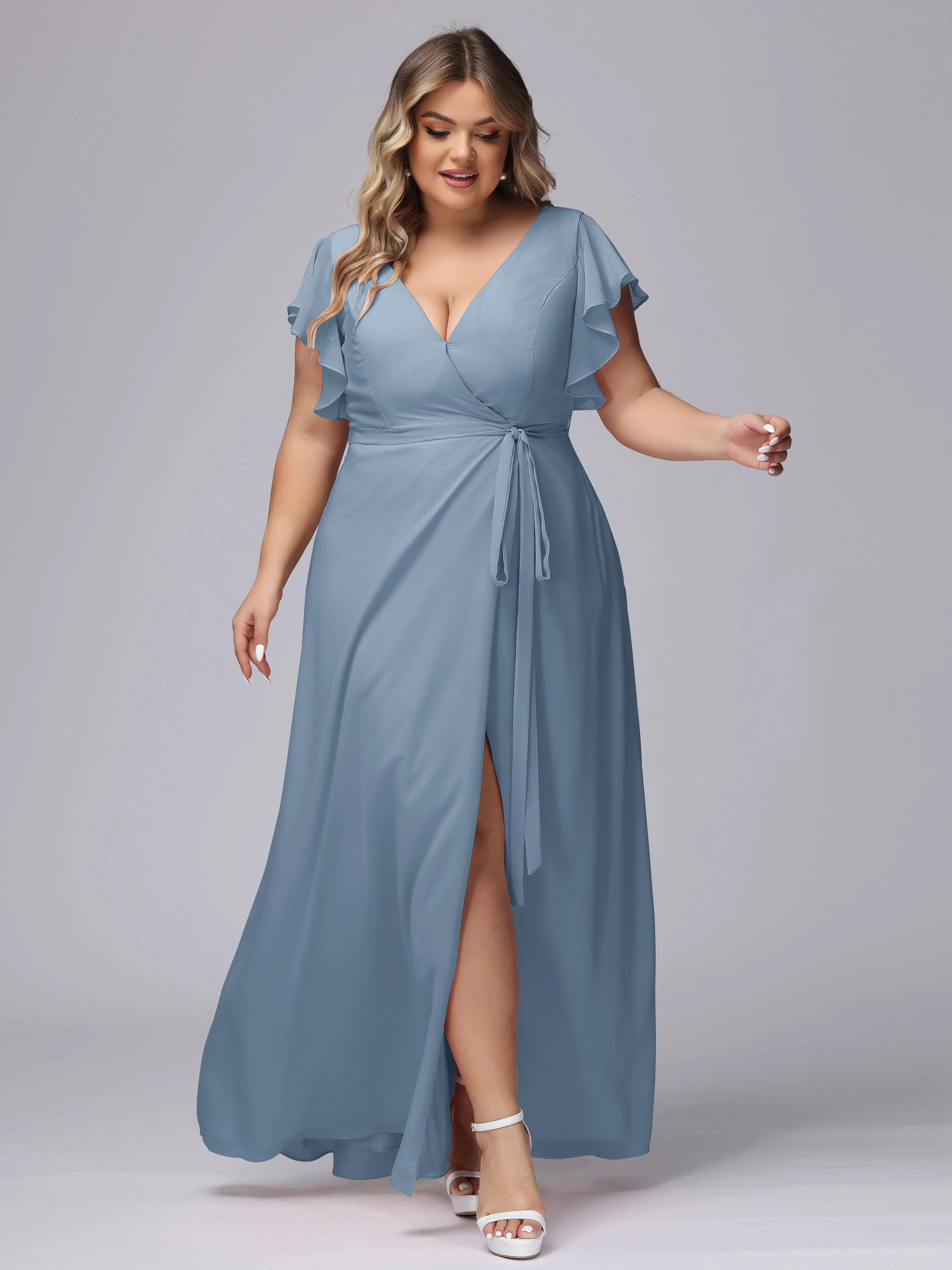 Simple V-neck Ruffled Sleeves Plus Size Chiffon Bridesmaid Dress