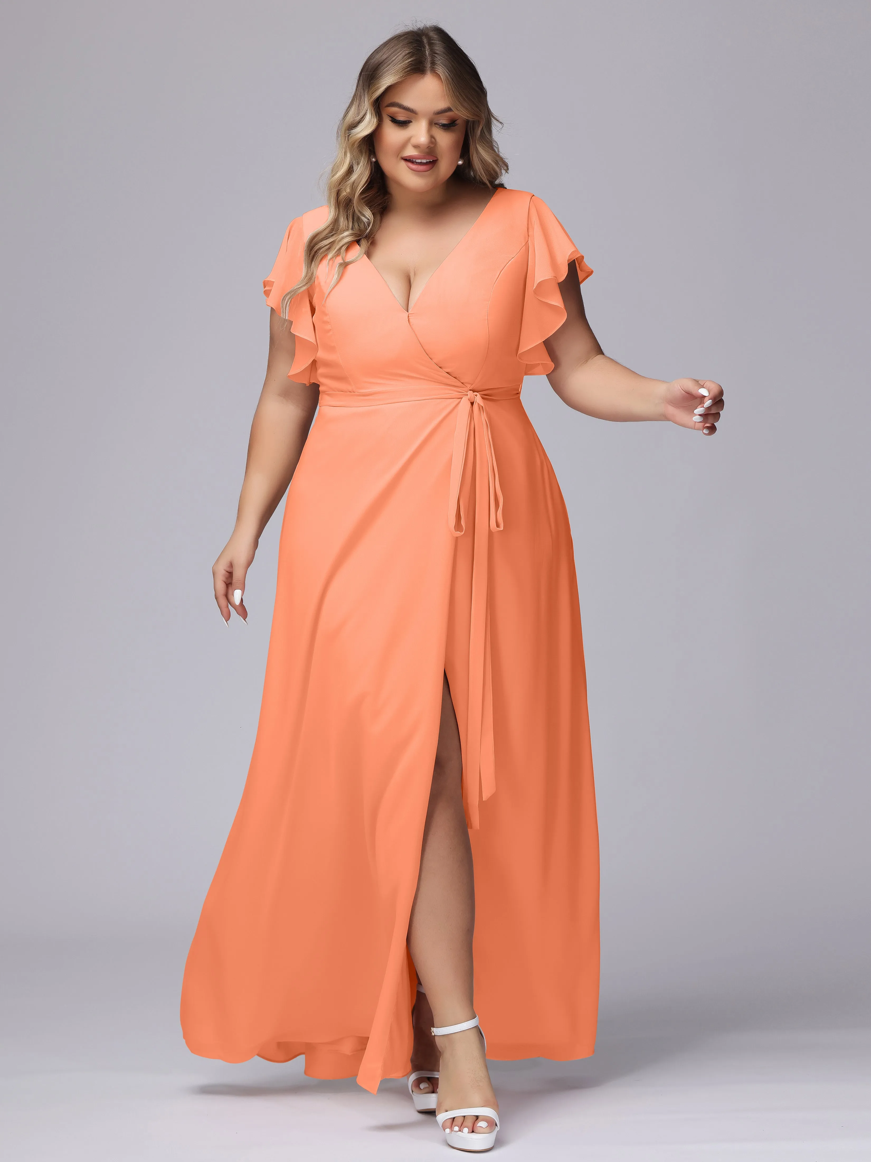 Simple V-neck Ruffled Sleeves Plus Size Chiffon Bridesmaid Dress