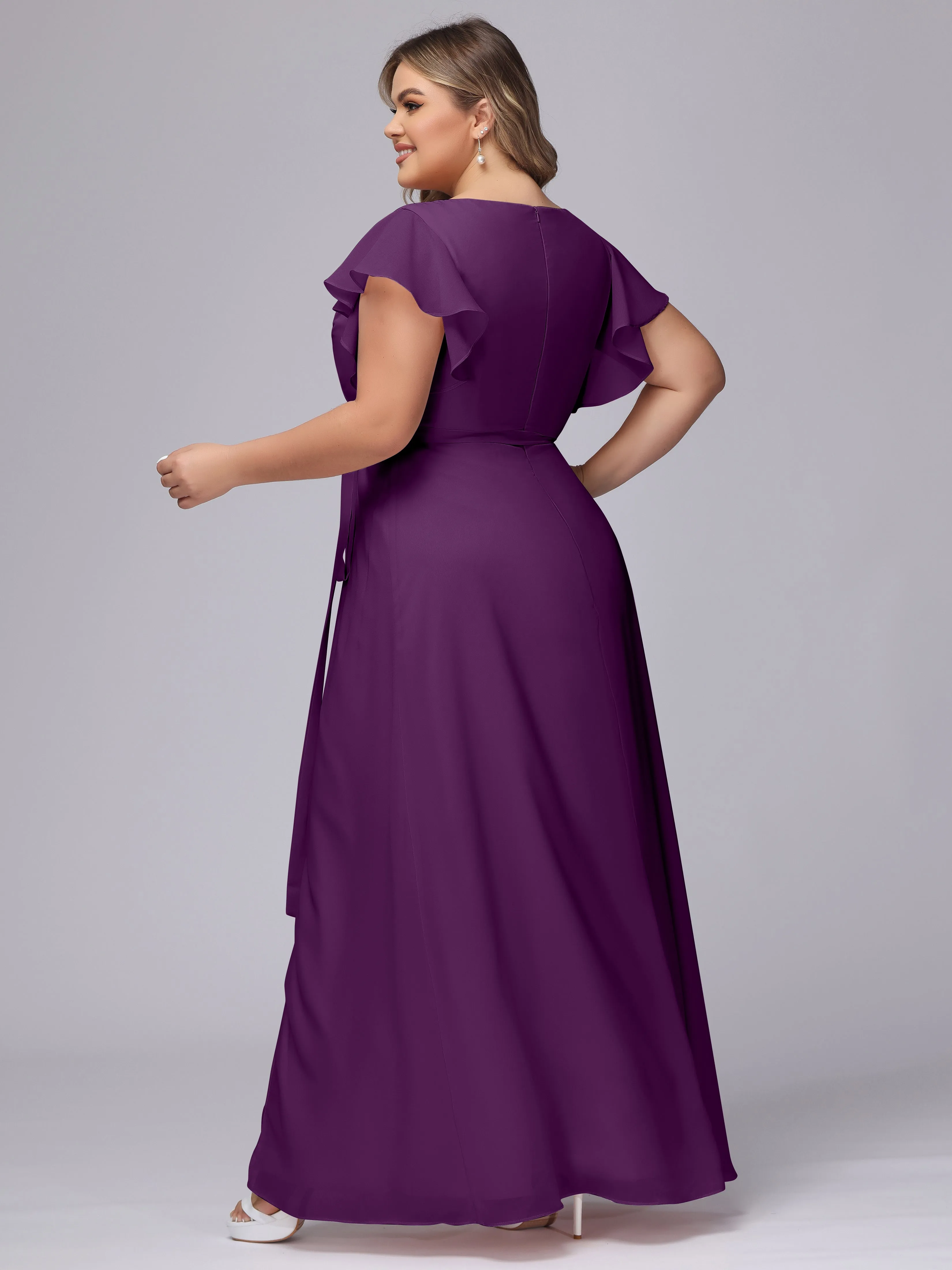 Simple V-neck Ruffled Sleeves Plus Size Chiffon Bridesmaid Dress