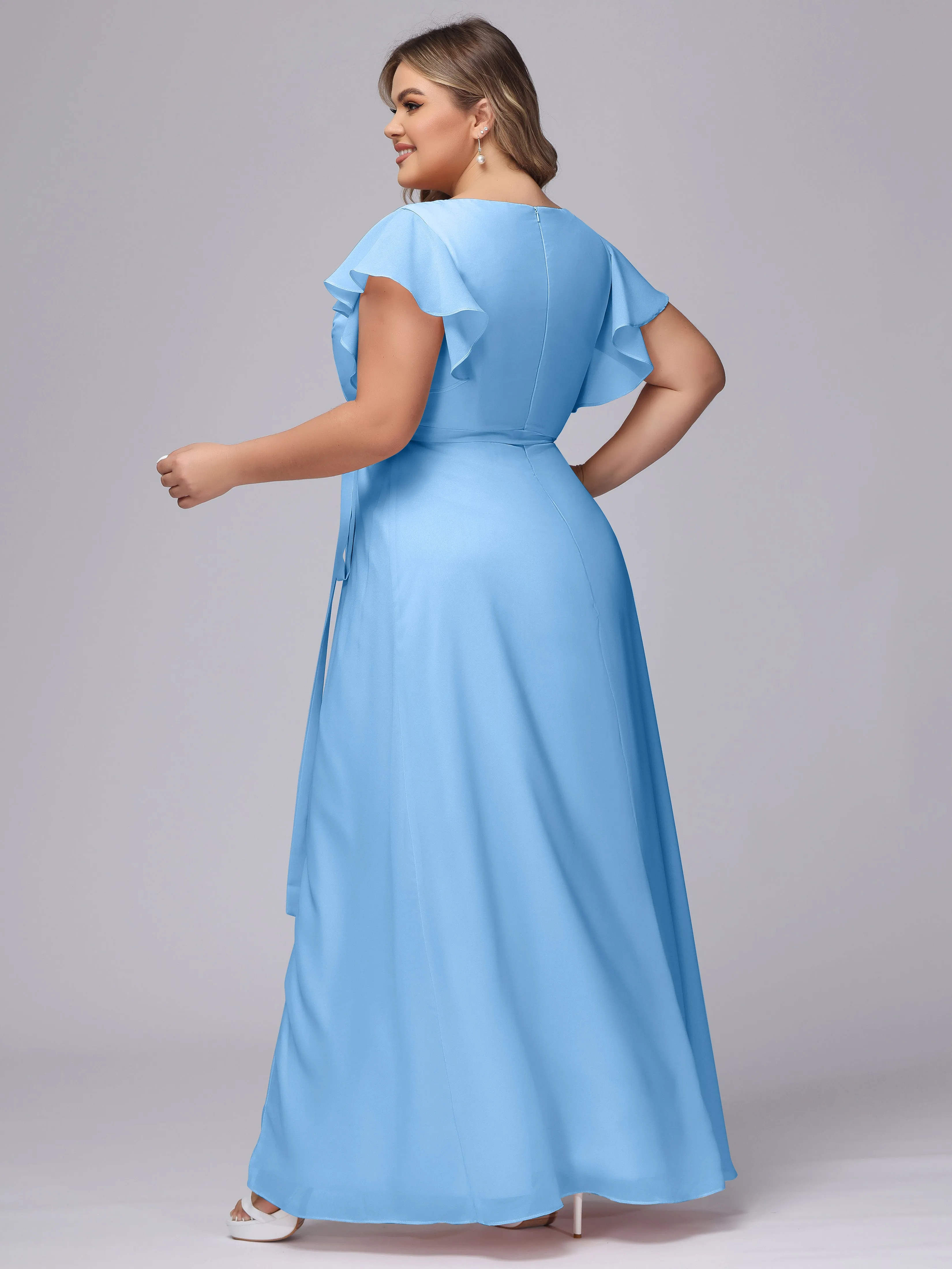 Simple V-neck Ruffled Sleeves Plus Size Chiffon Bridesmaid Dress