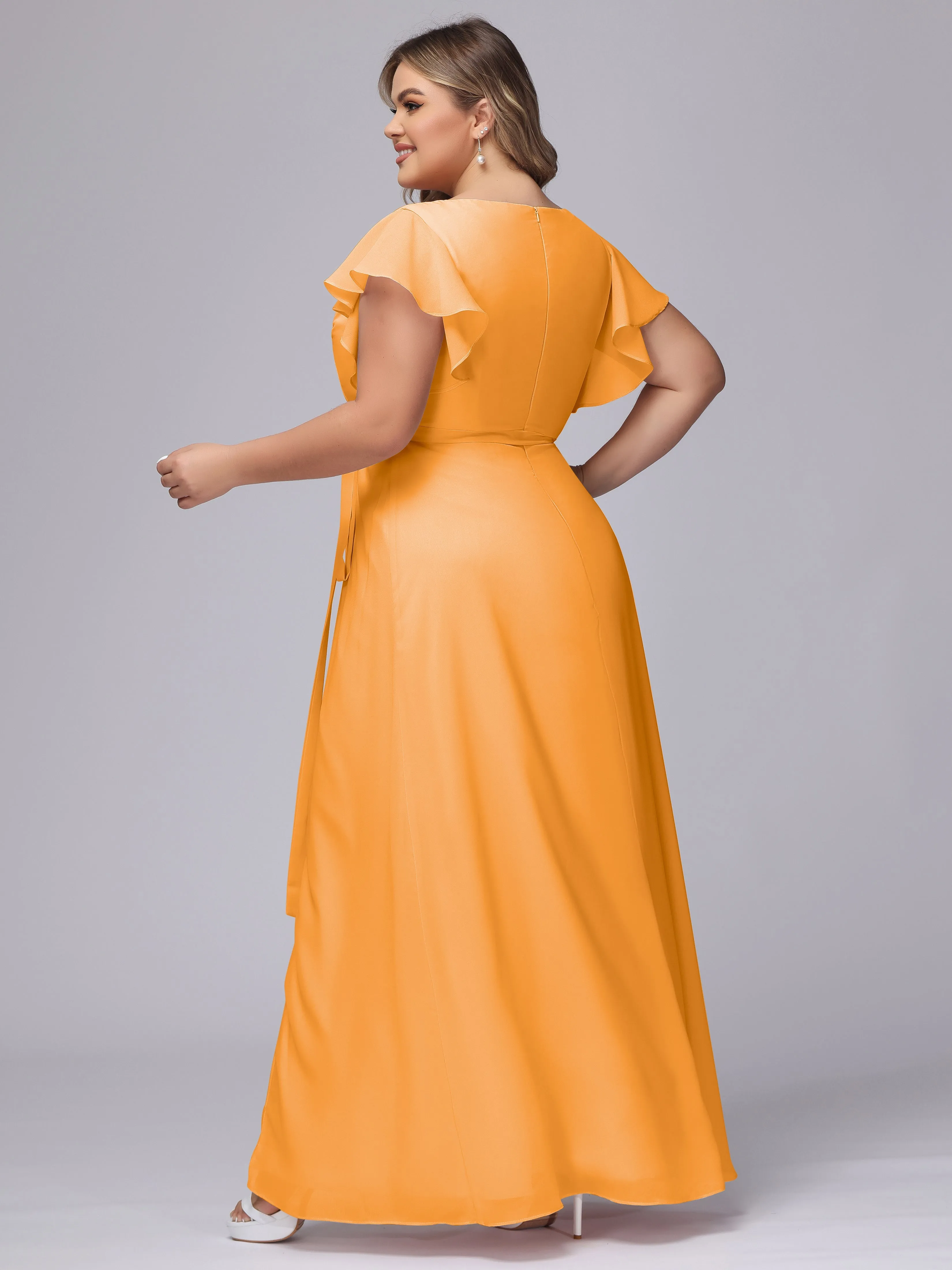 Simple V-neck Ruffled Sleeves Plus Size Chiffon Bridesmaid Dress