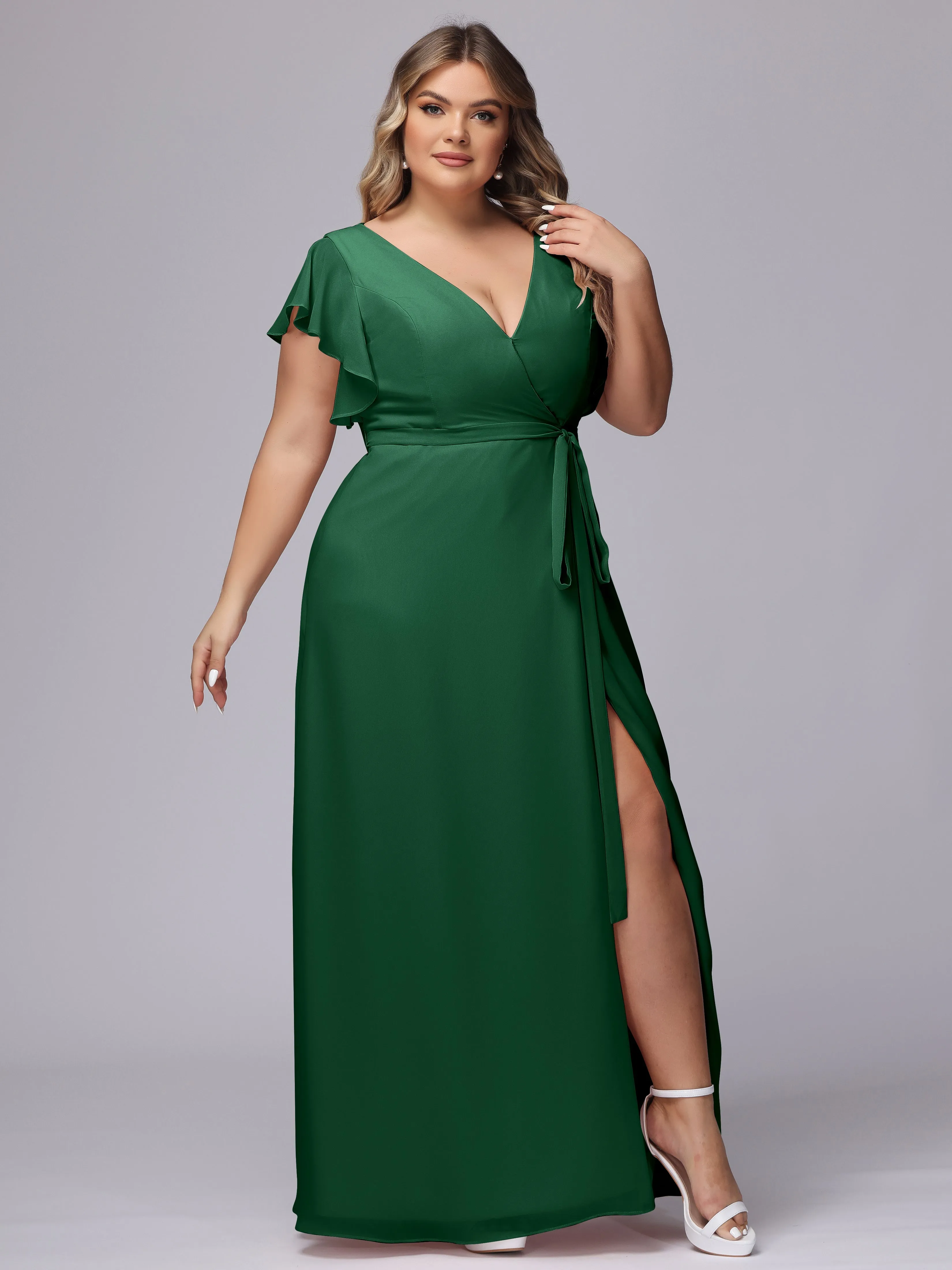 Simple V-neck Ruffled Sleeves Plus Size Chiffon Bridesmaid Dress