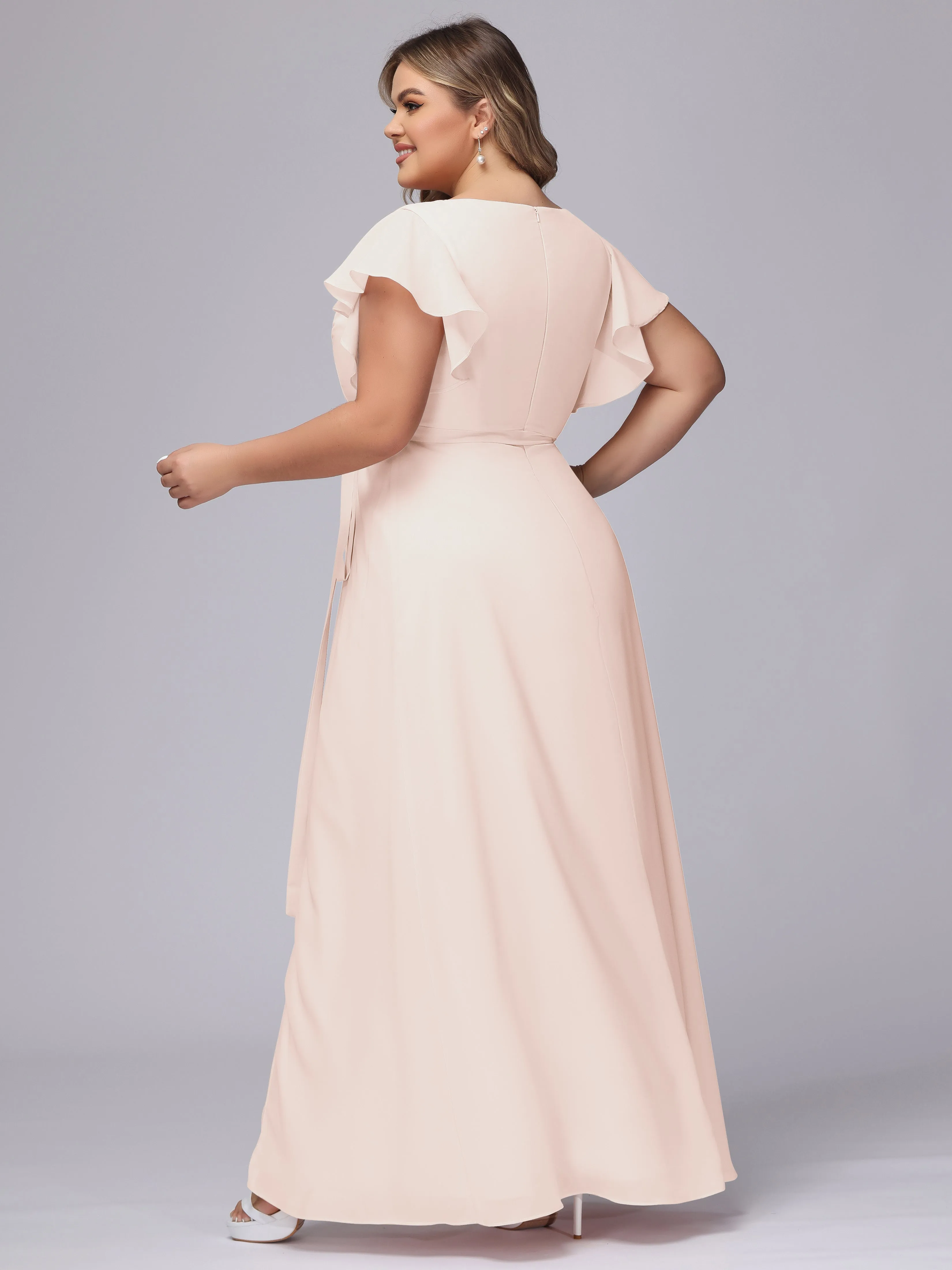 Simple V-neck Ruffled Sleeves Plus Size Chiffon Bridesmaid Dress