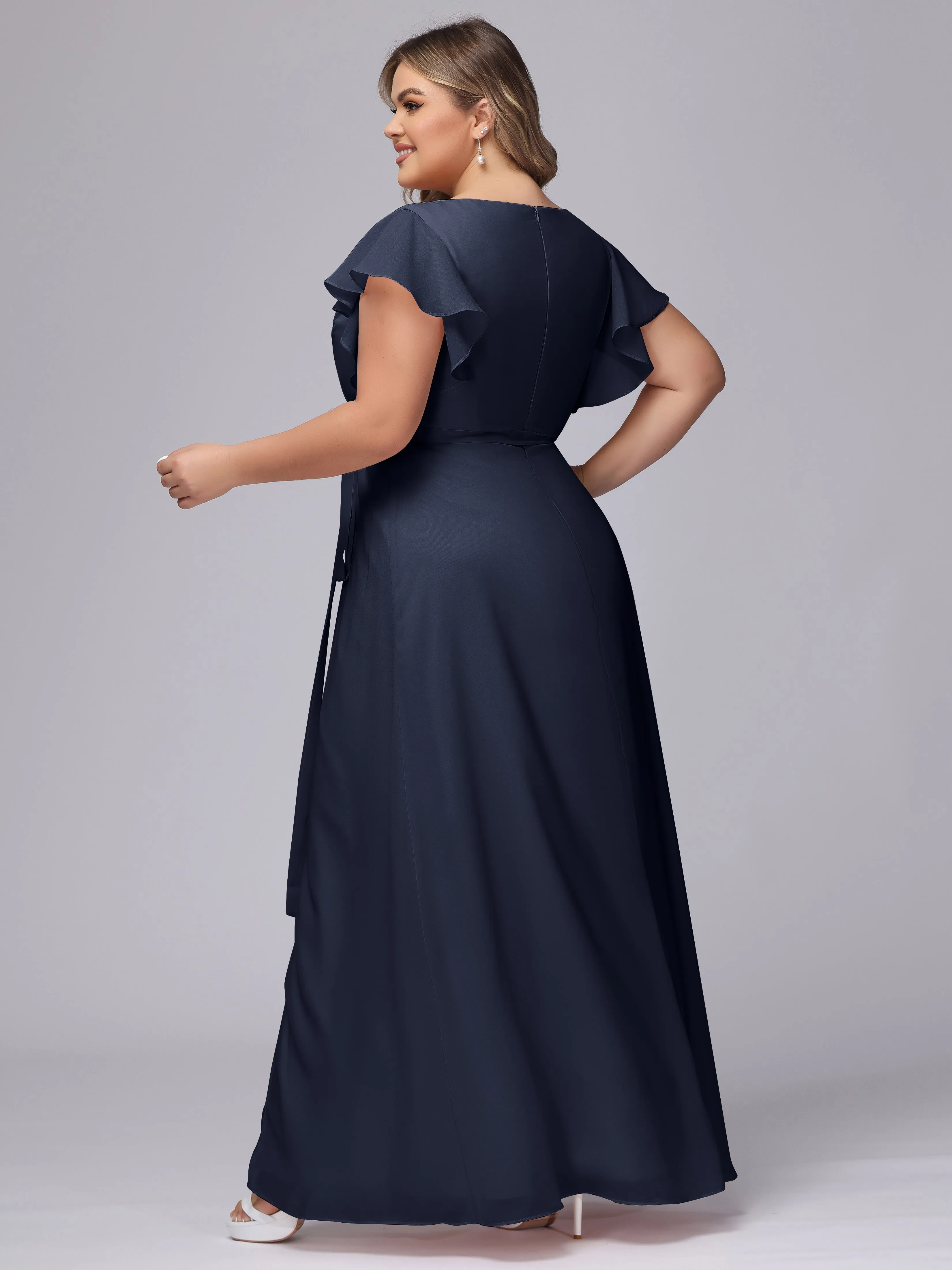 Simple V-neck Ruffled Sleeves Plus Size Chiffon Bridesmaid Dress