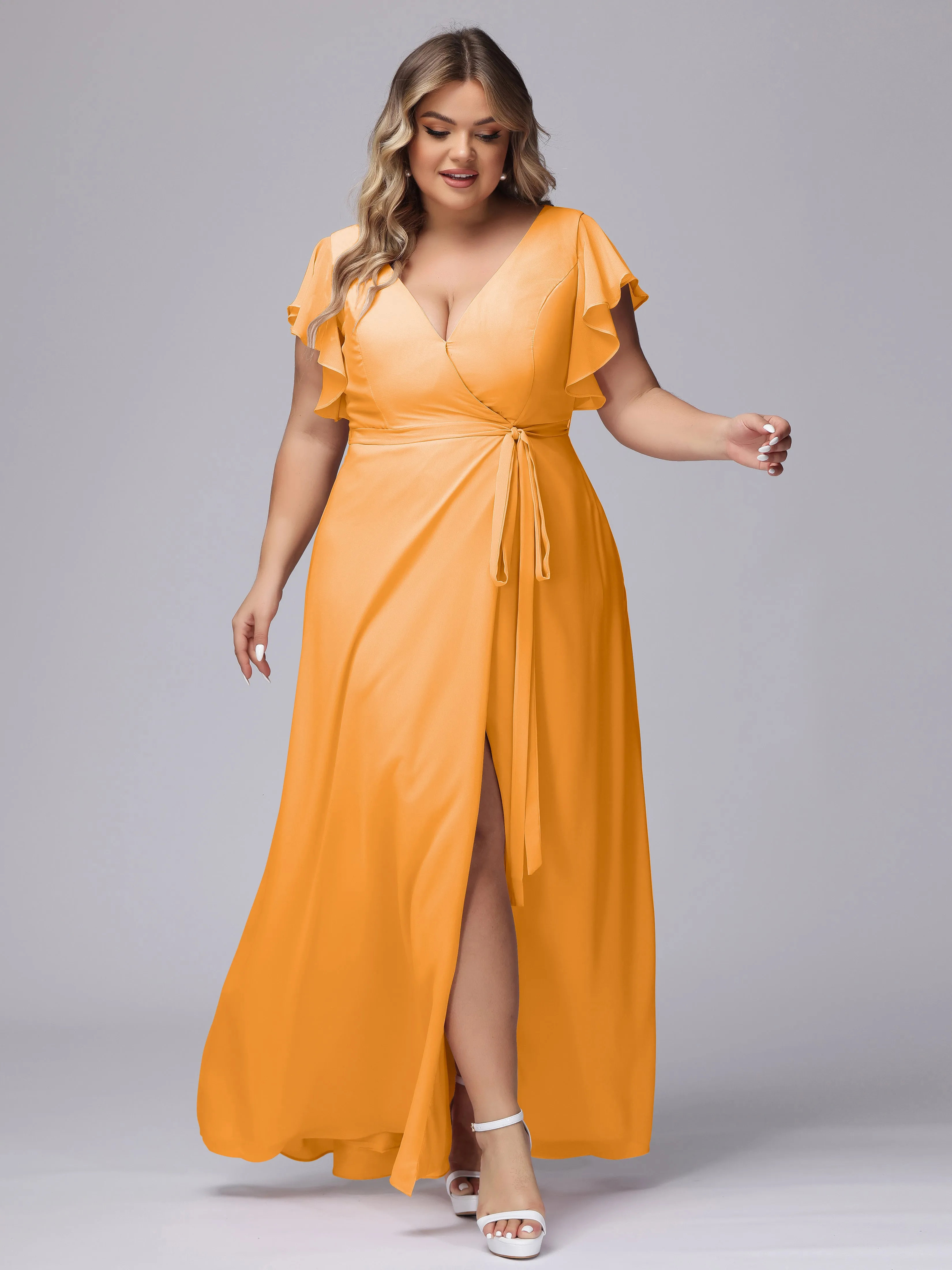 Simple V-neck Ruffled Sleeves Plus Size Chiffon Bridesmaid Dress