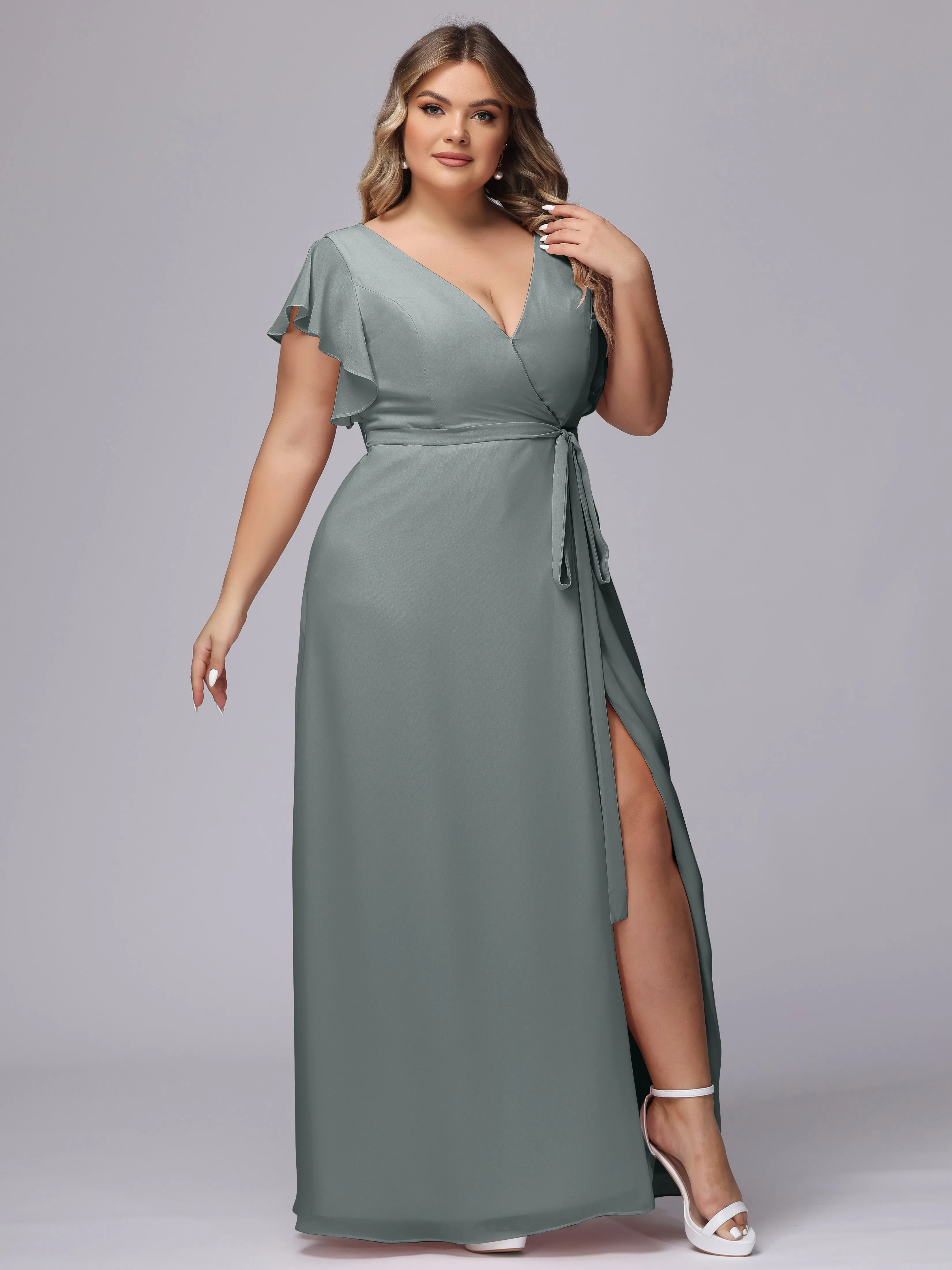 Simple V-neck Ruffled Sleeves Plus Size Chiffon Bridesmaid Dress
