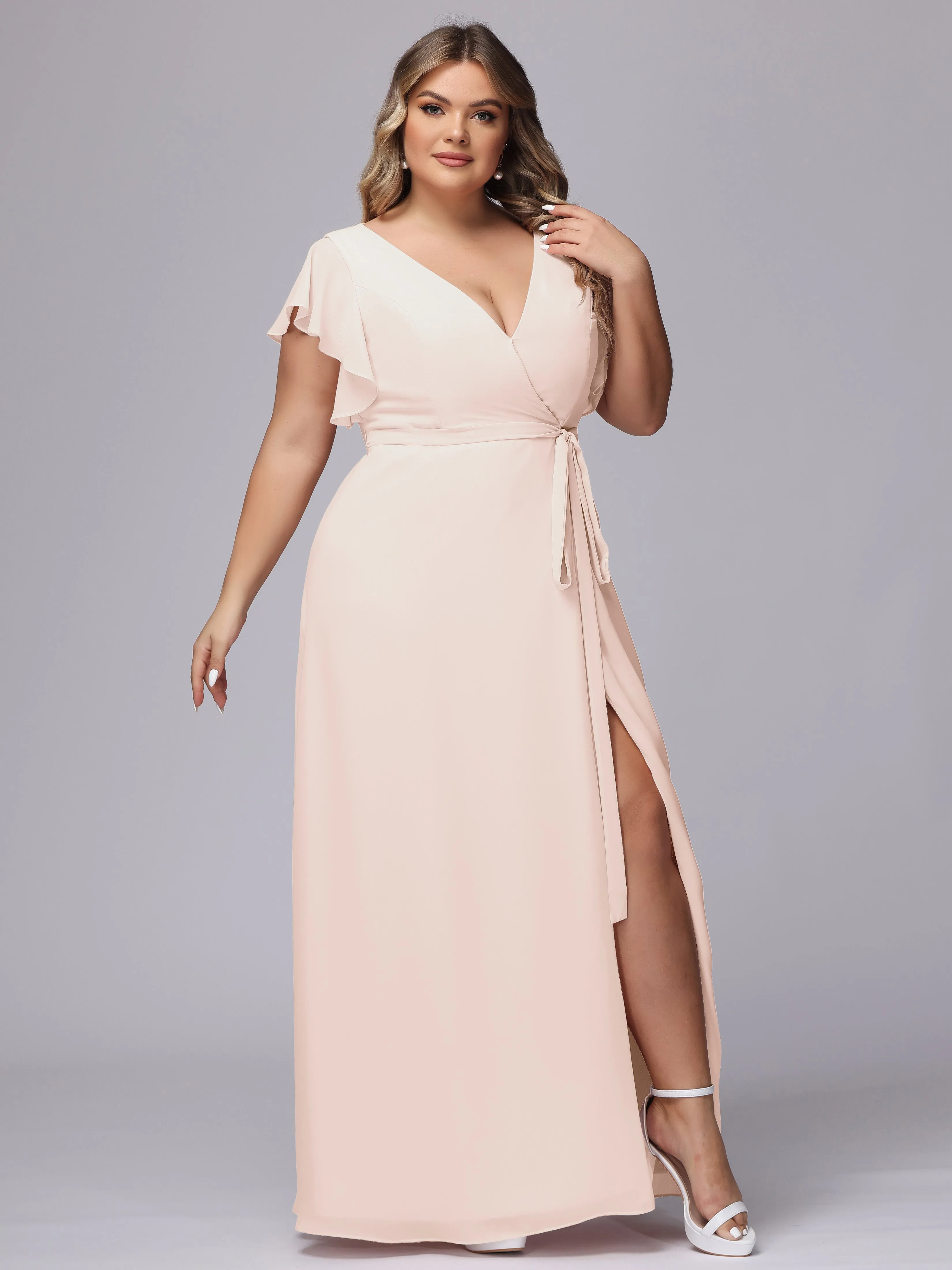 Simple V-neck Ruffled Sleeves Plus Size Chiffon Bridesmaid Dress