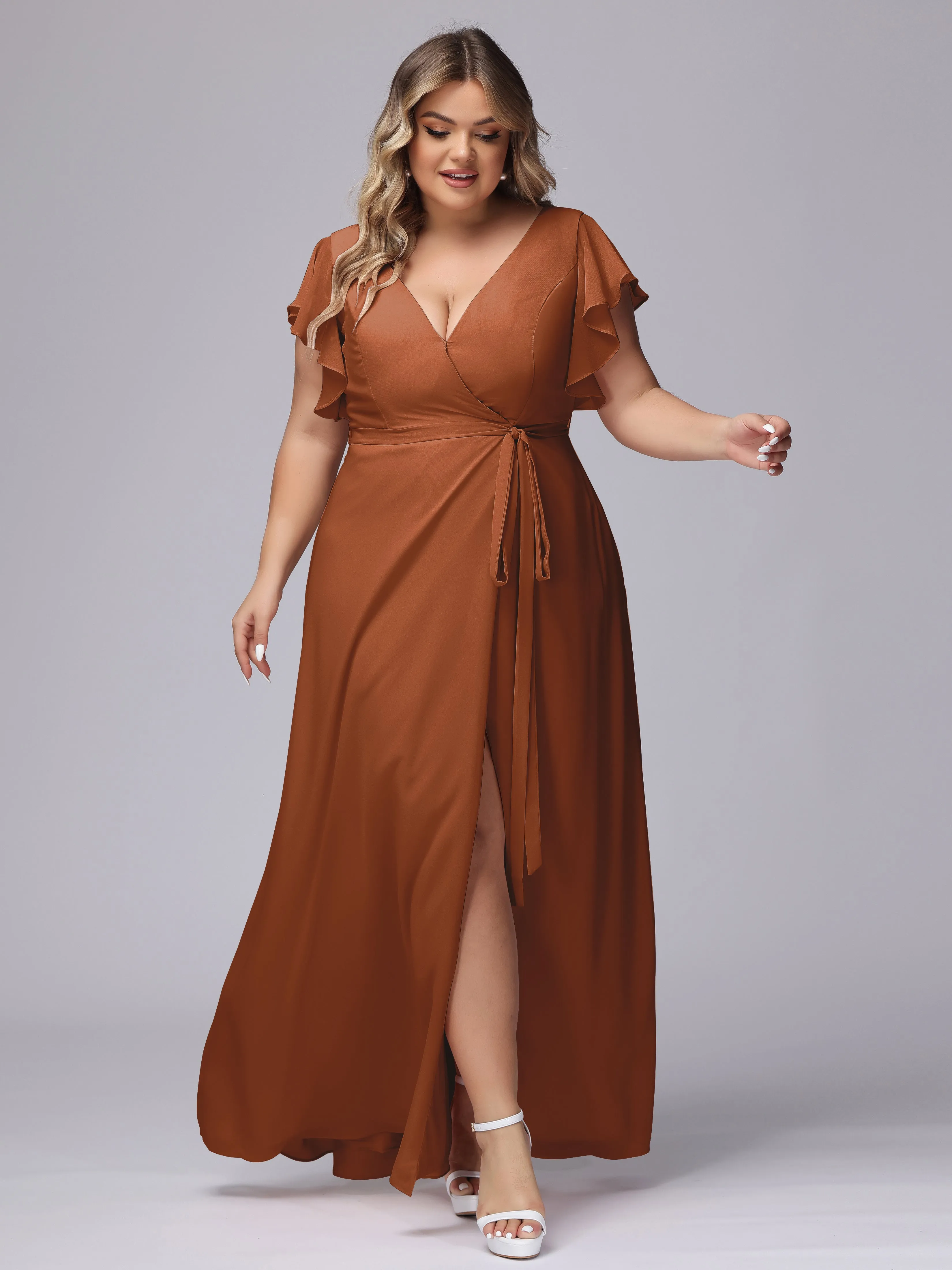 Simple V-neck Ruffled Sleeves Plus Size Chiffon Bridesmaid Dress