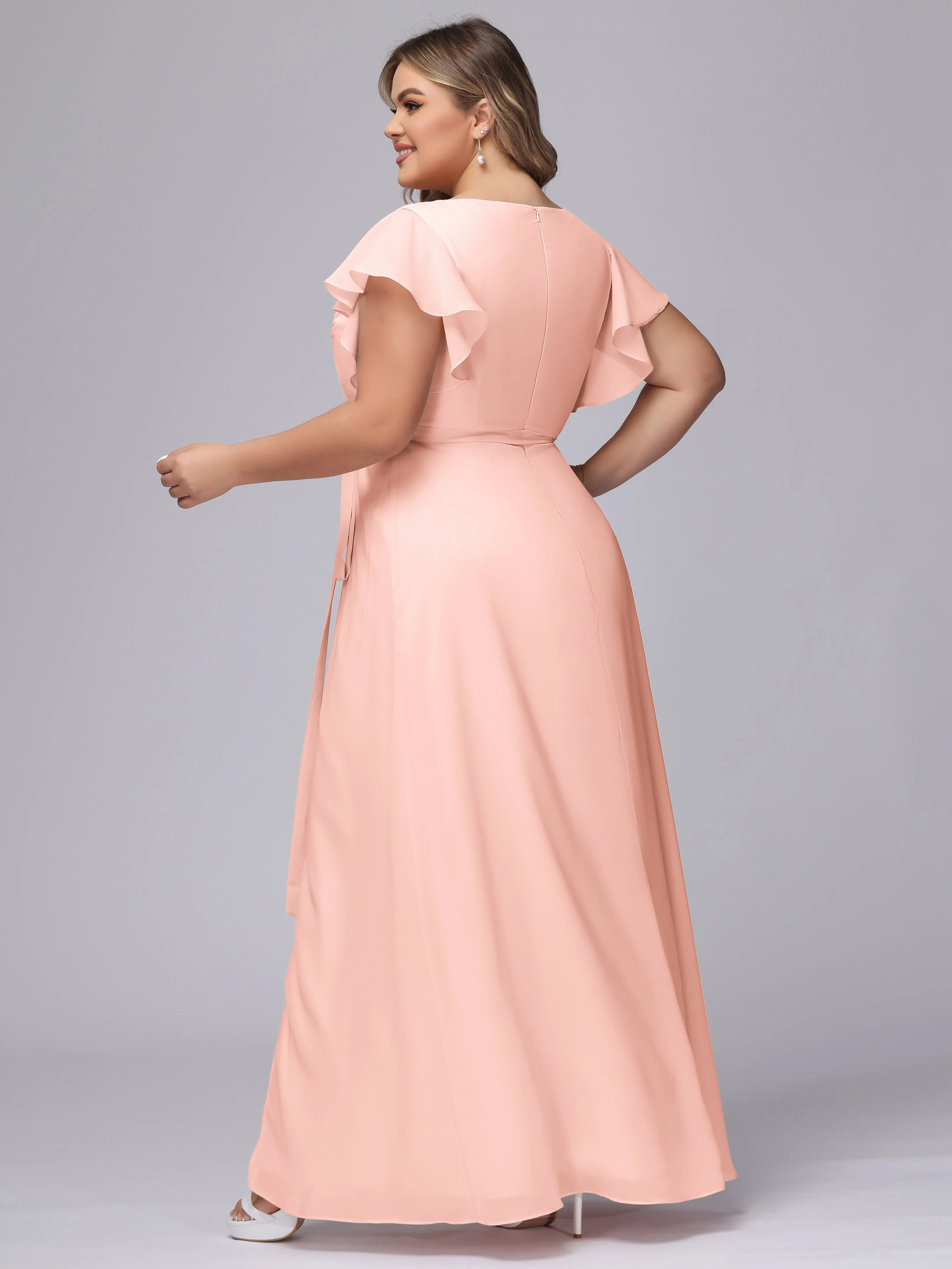 Simple V-neck Ruffled Sleeves Plus Size Chiffon Bridesmaid Dress