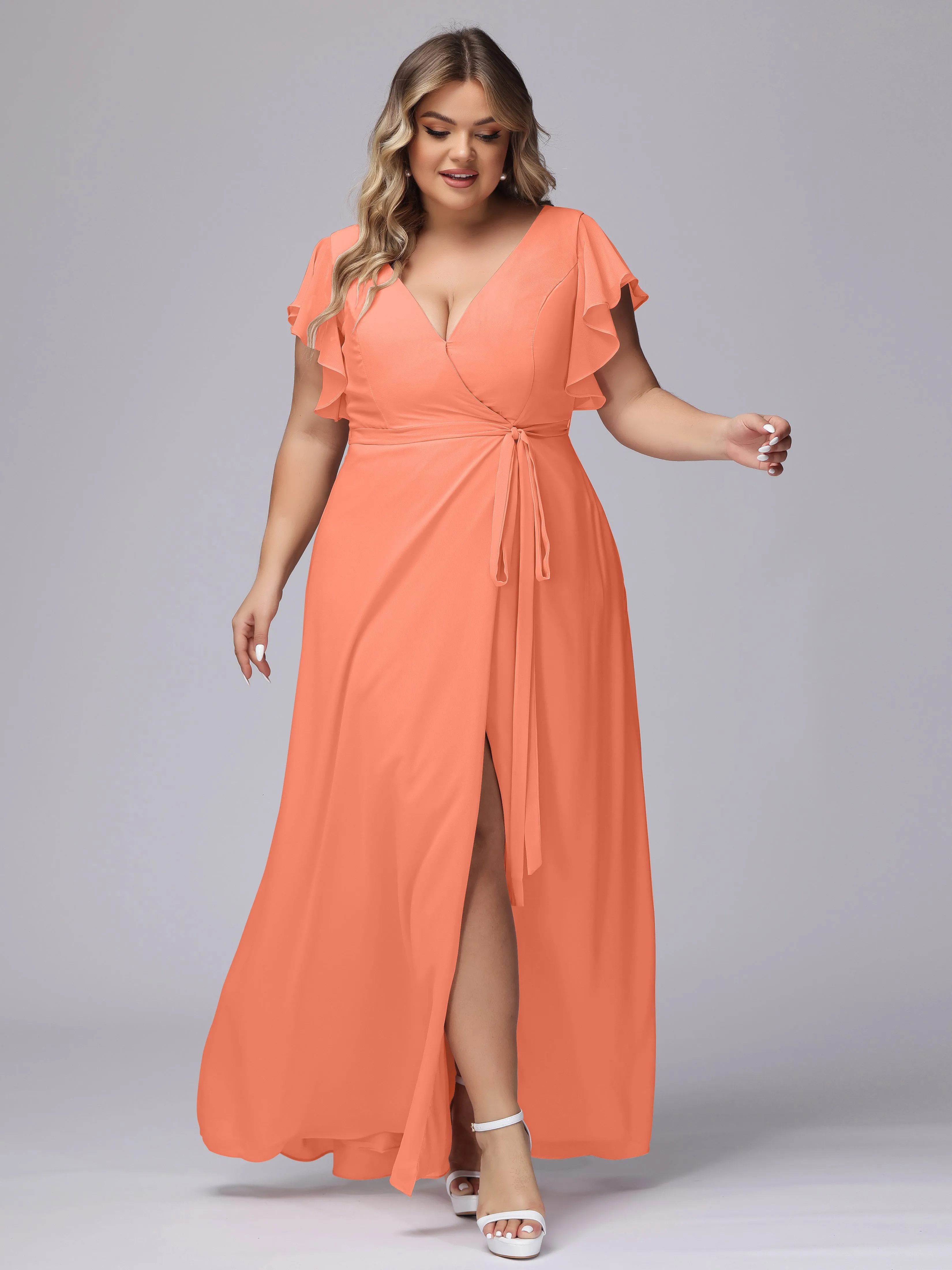 Simple V-neck Ruffled Sleeves Plus Size Chiffon Bridesmaid Dress