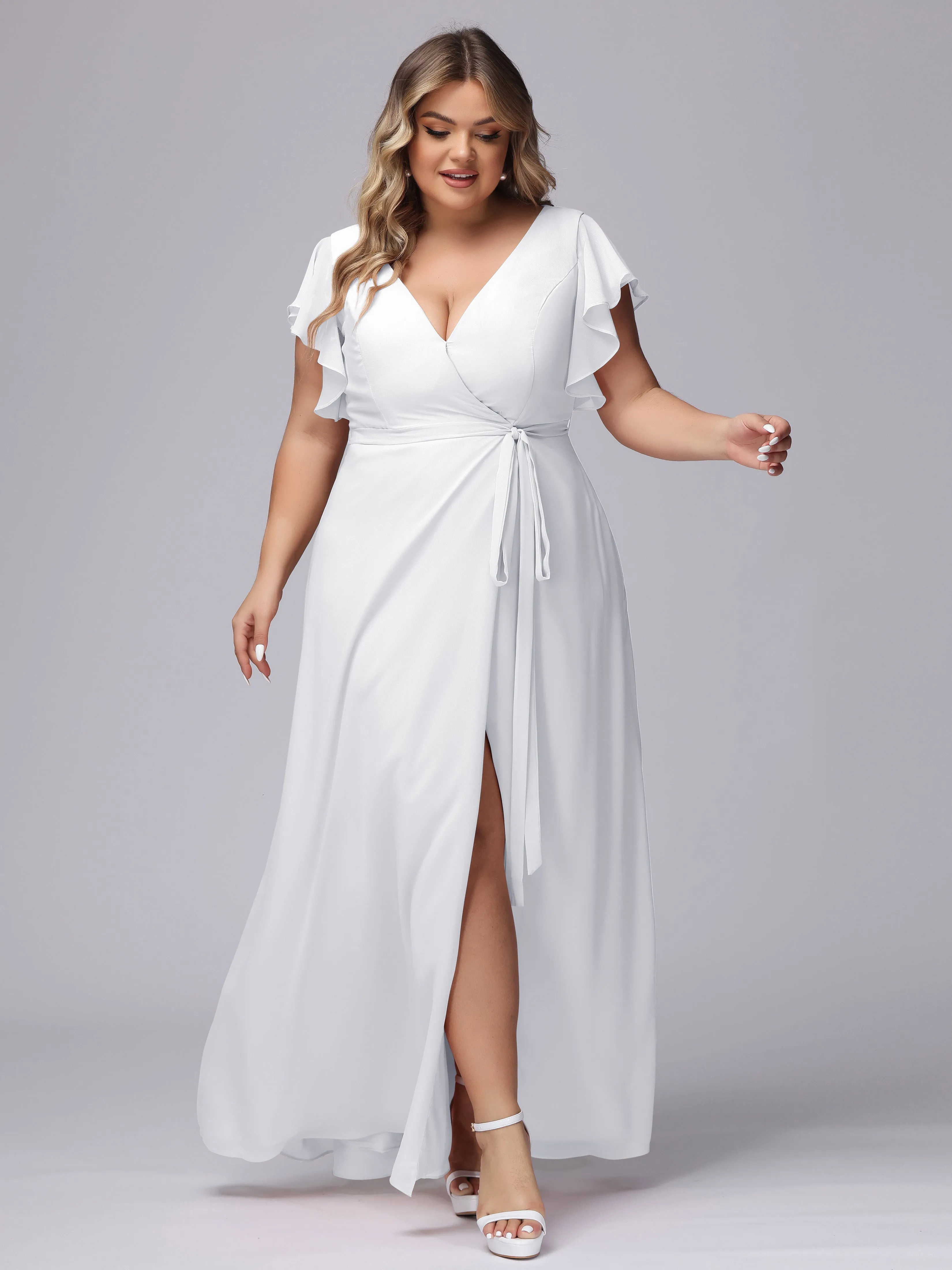 Simple V-neck Ruffled Sleeves Plus Size Chiffon Bridesmaid Dress