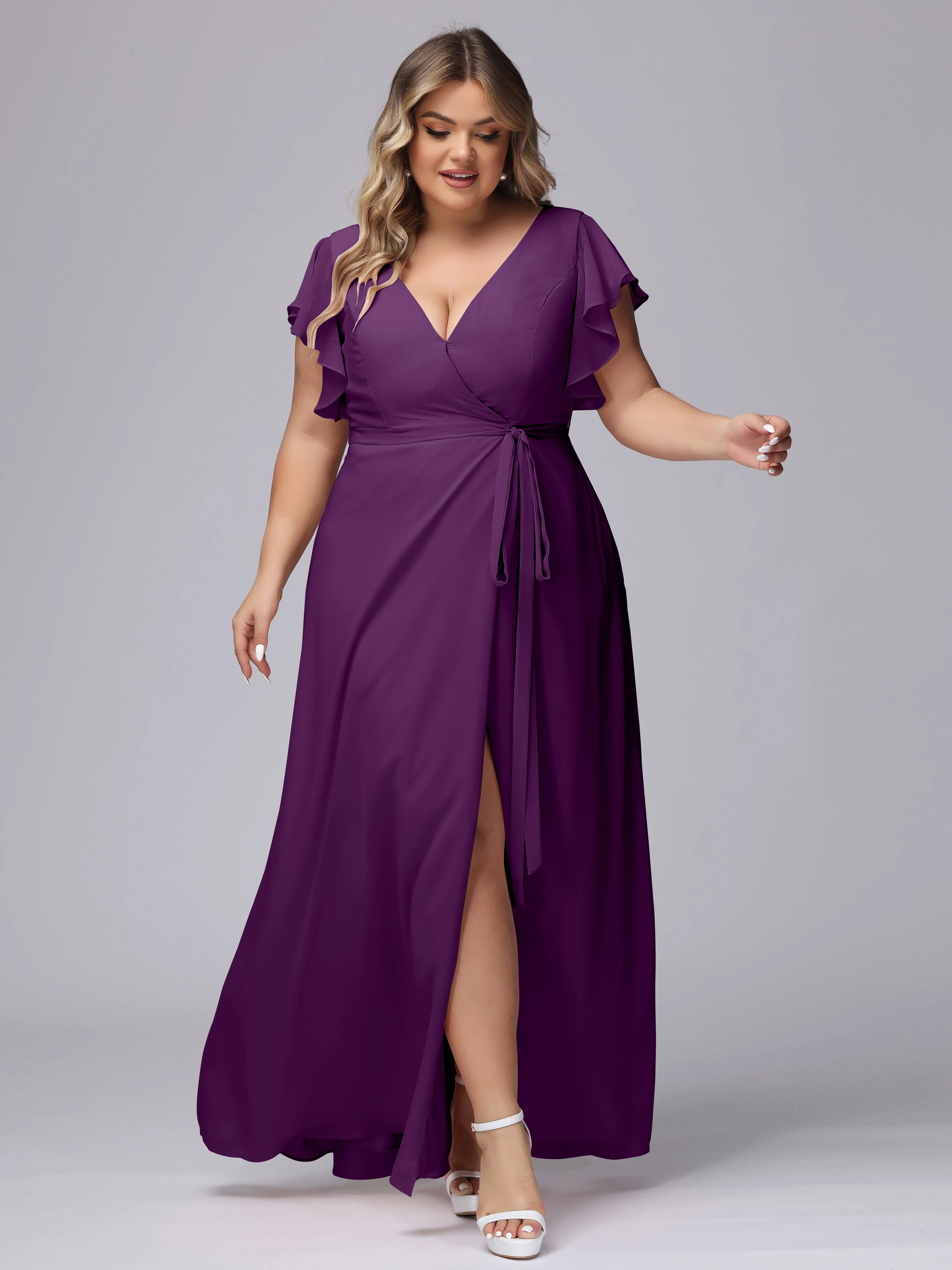 Simple V-neck Ruffled Sleeves Plus Size Chiffon Bridesmaid Dress