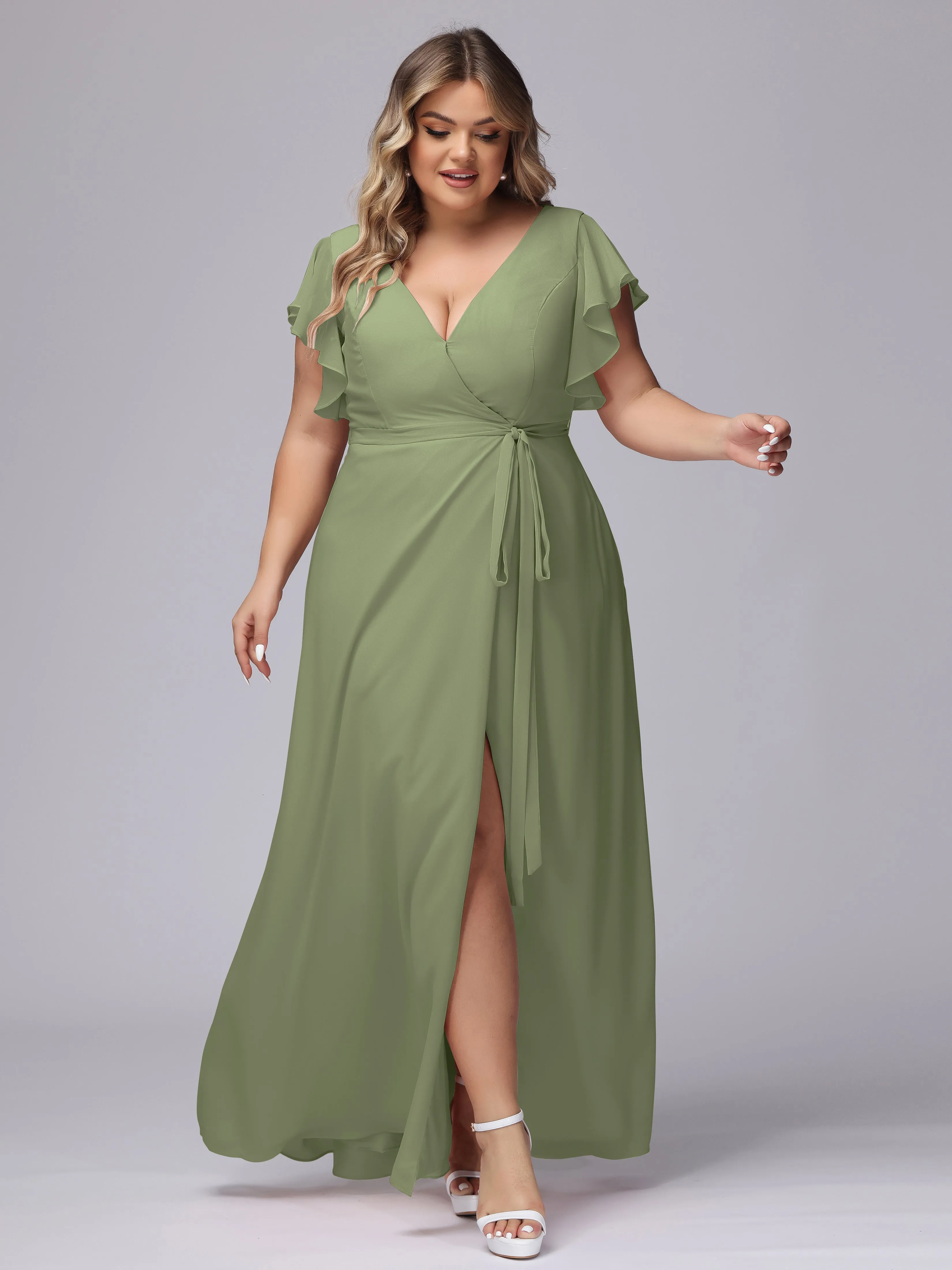 Simple V-neck Ruffled Sleeves Plus Size Chiffon Bridesmaid Dress