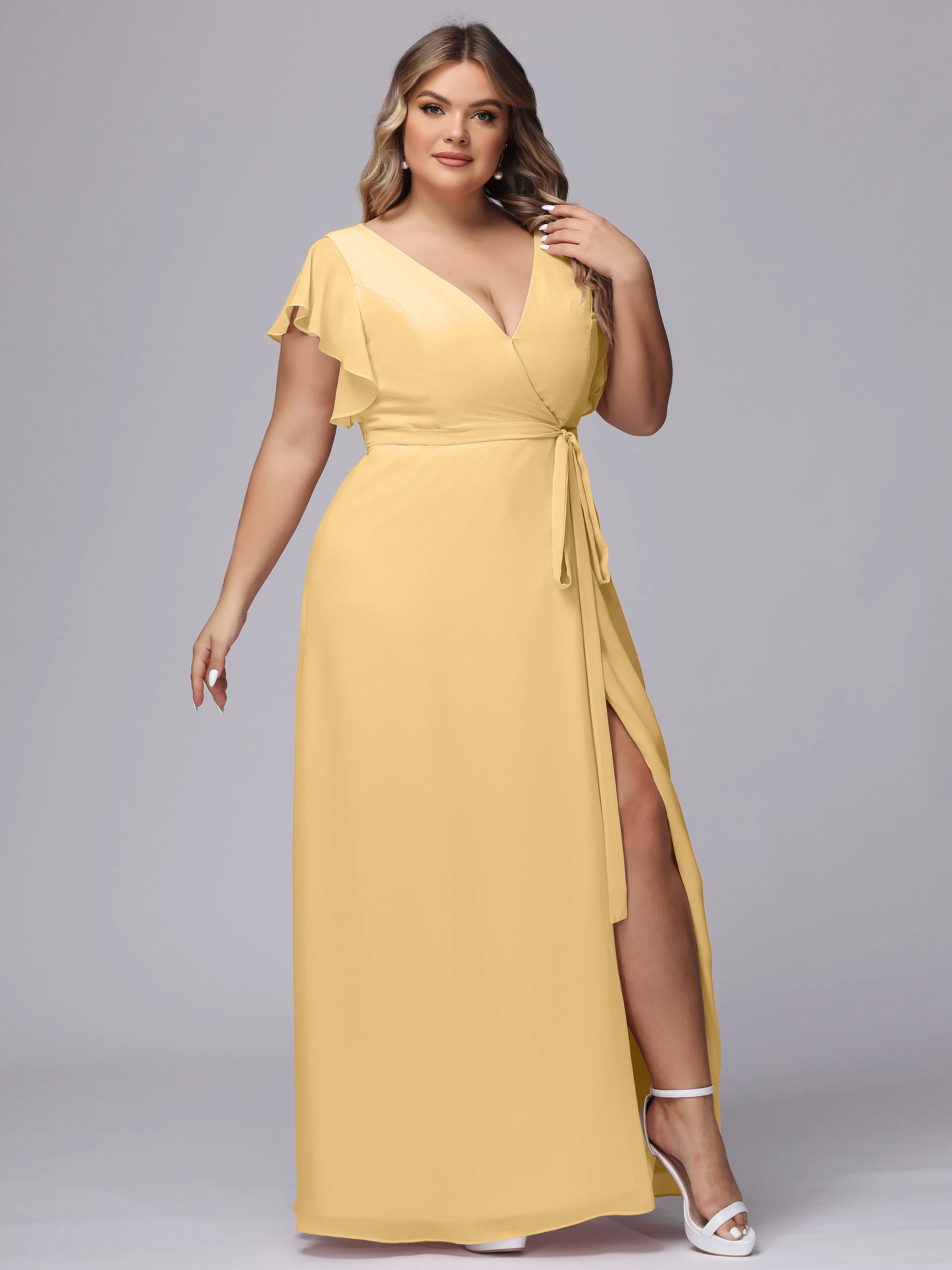 Simple V-neck Ruffled Sleeves Plus Size Chiffon Bridesmaid Dress