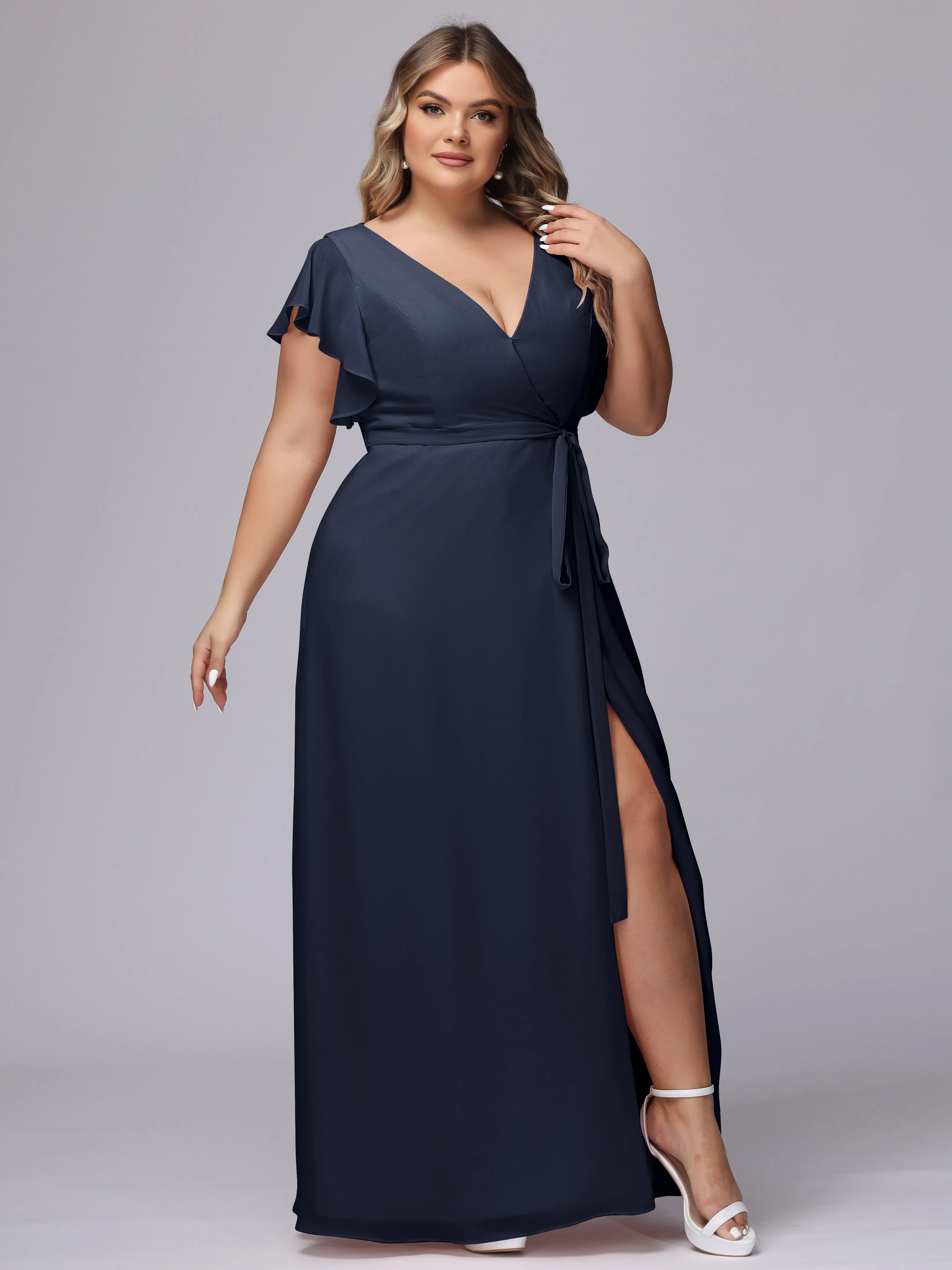 Simple V-neck Ruffled Sleeves Plus Size Chiffon Bridesmaid Dress