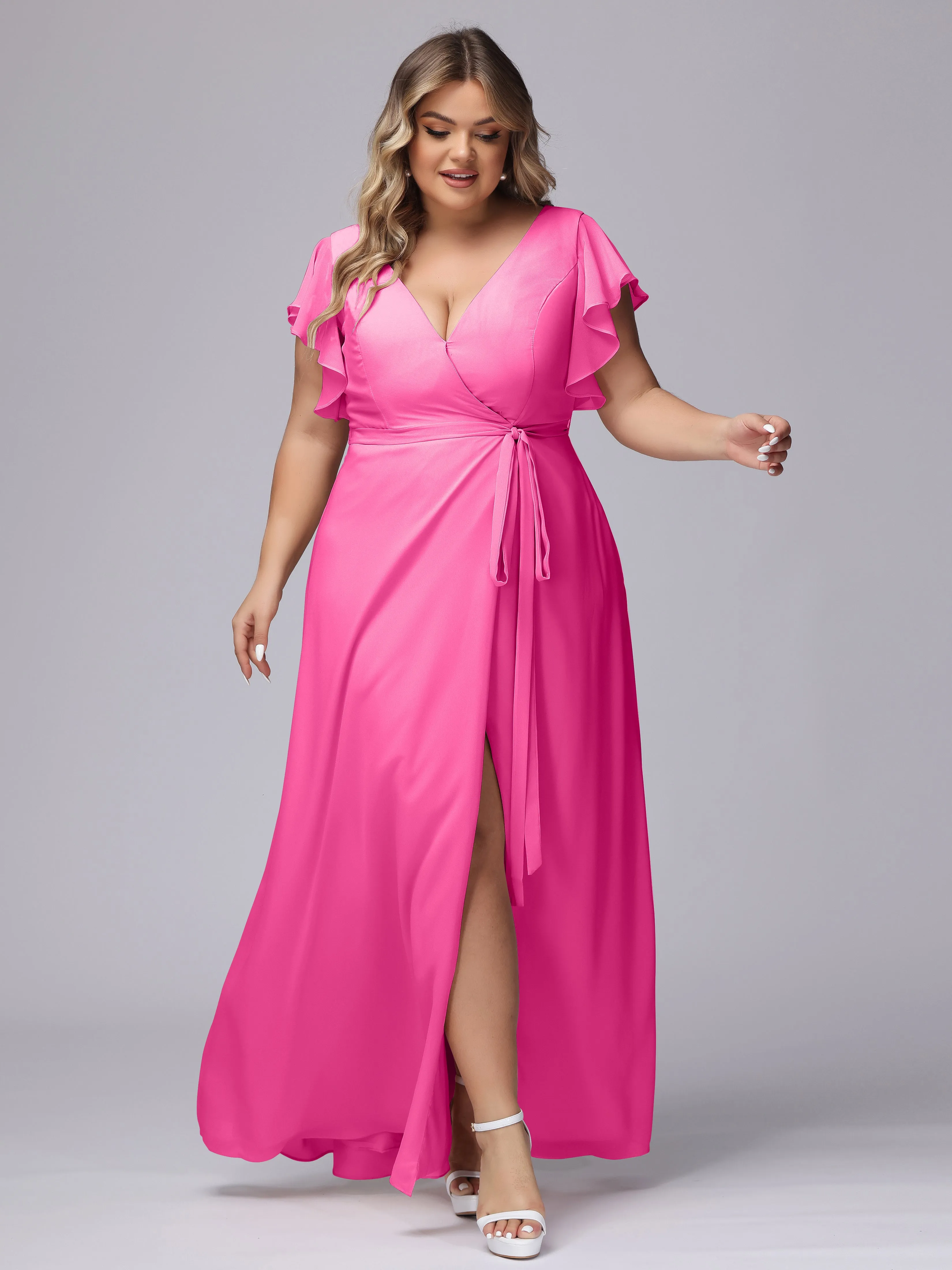 Simple V-neck Ruffled Sleeves Plus Size Chiffon Bridesmaid Dress