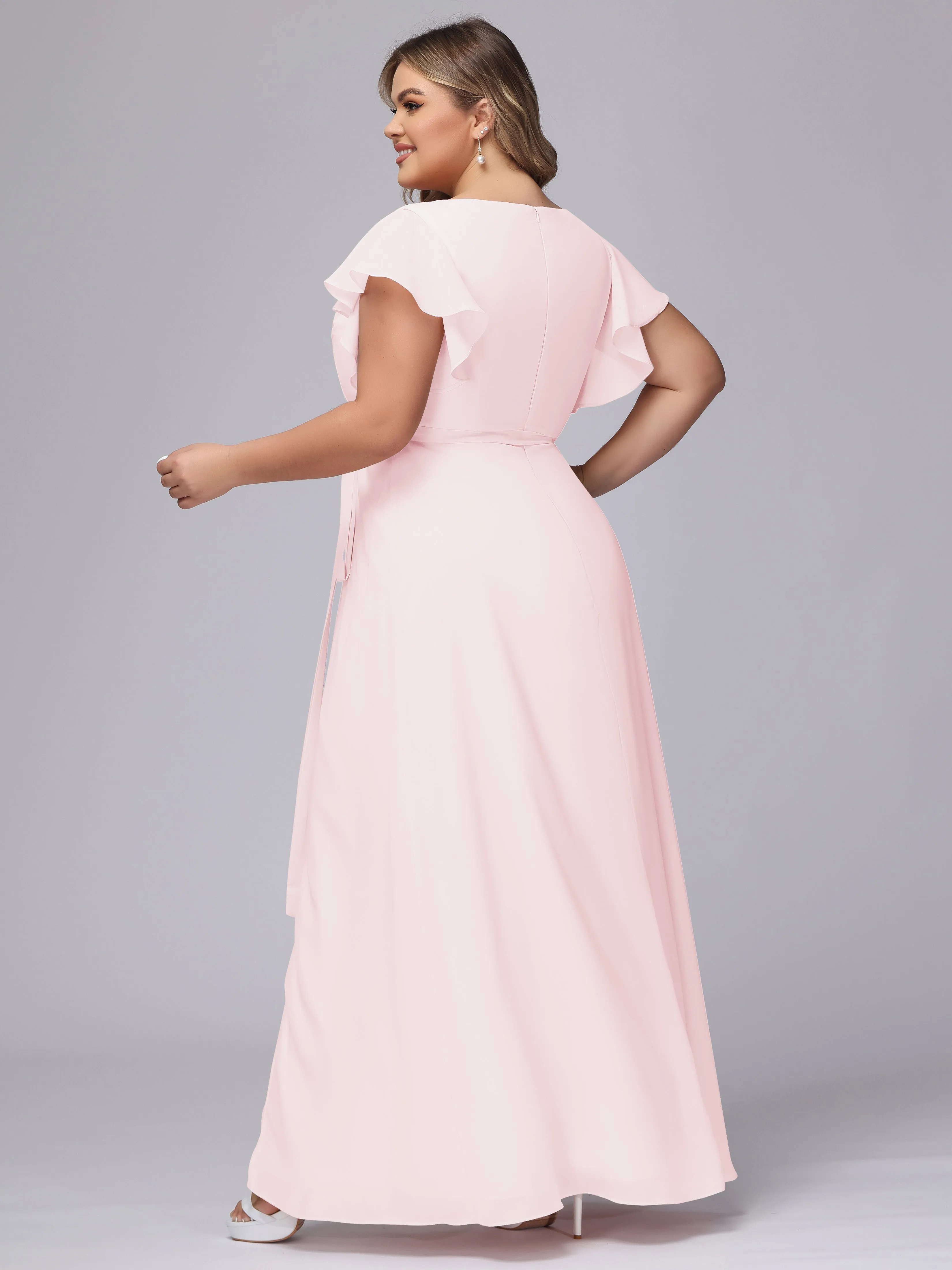 Simple V-neck Ruffled Sleeves Plus Size Chiffon Bridesmaid Dress