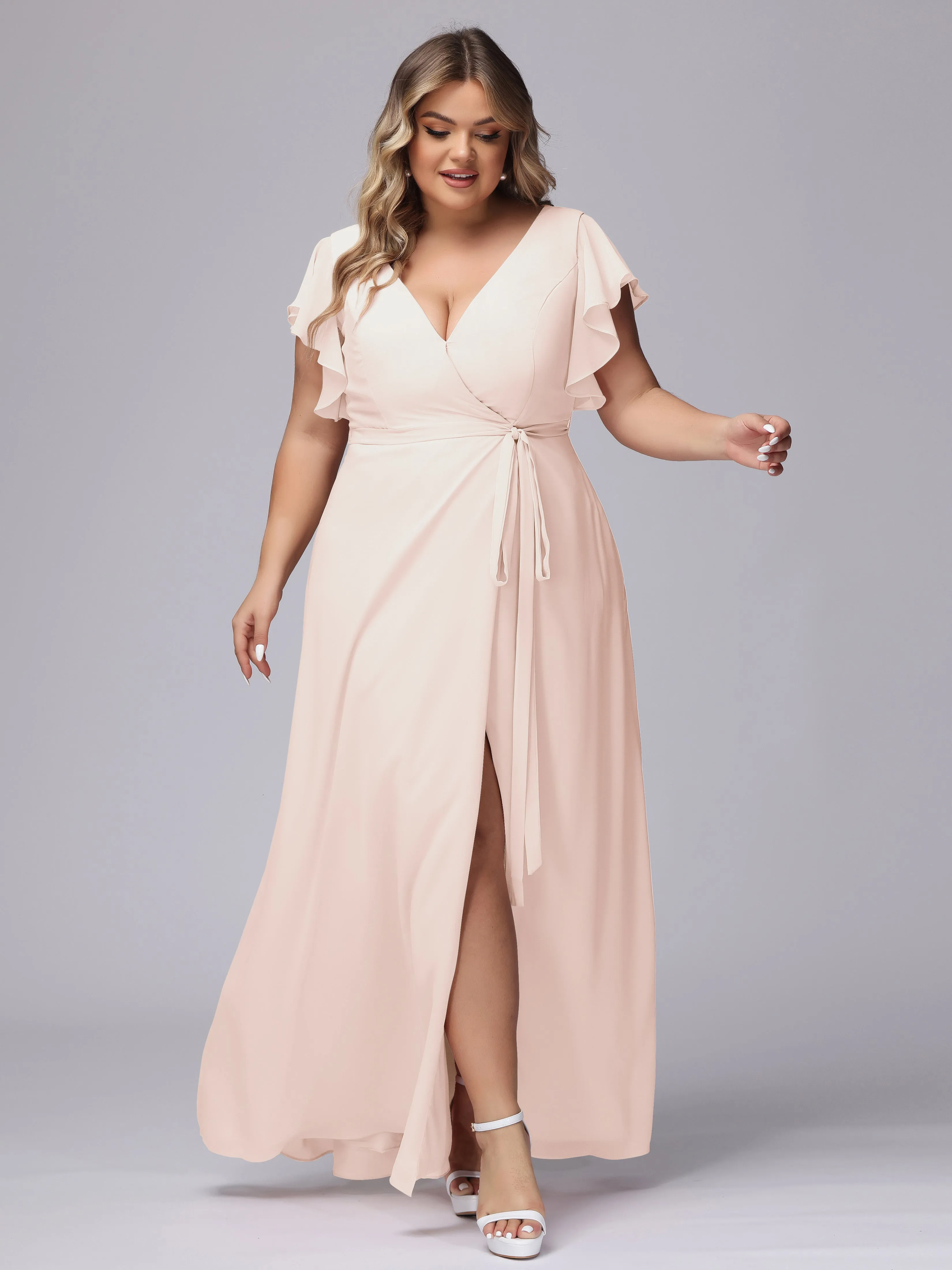 Simple V-neck Ruffled Sleeves Plus Size Chiffon Bridesmaid Dress
