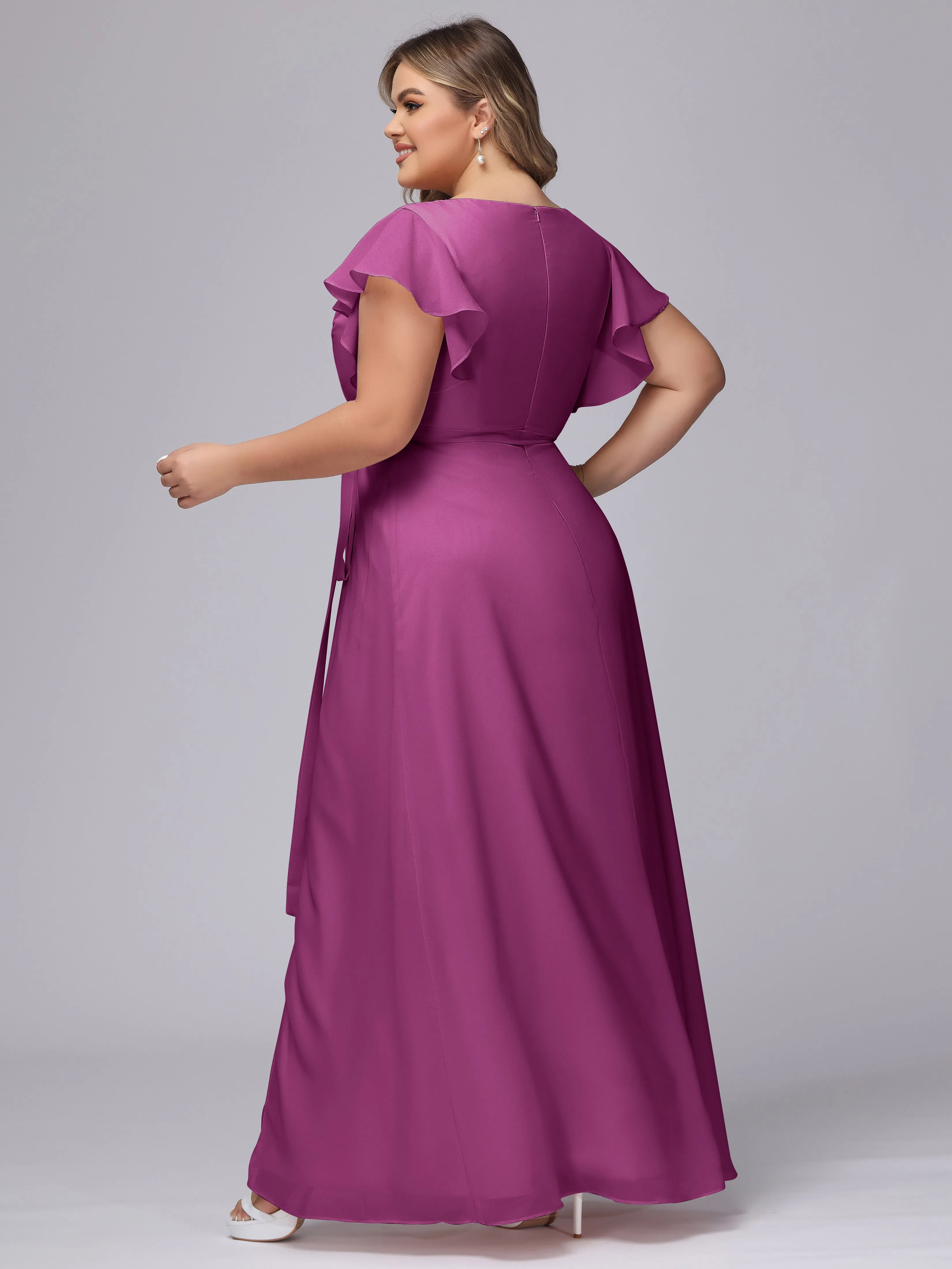 Simple V-neck Ruffled Sleeves Plus Size Chiffon Bridesmaid Dress