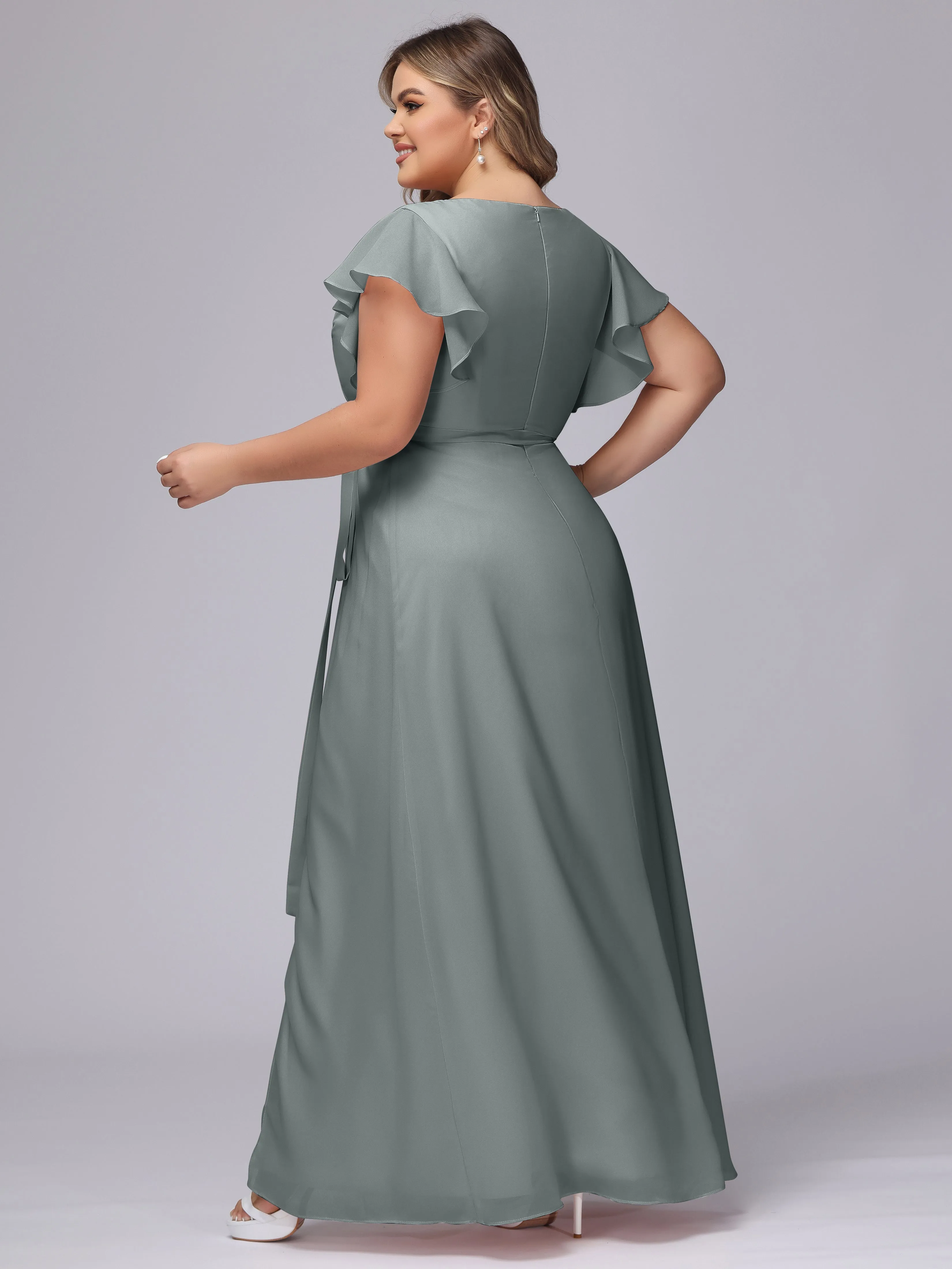 Simple V-neck Ruffled Sleeves Plus Size Chiffon Bridesmaid Dress