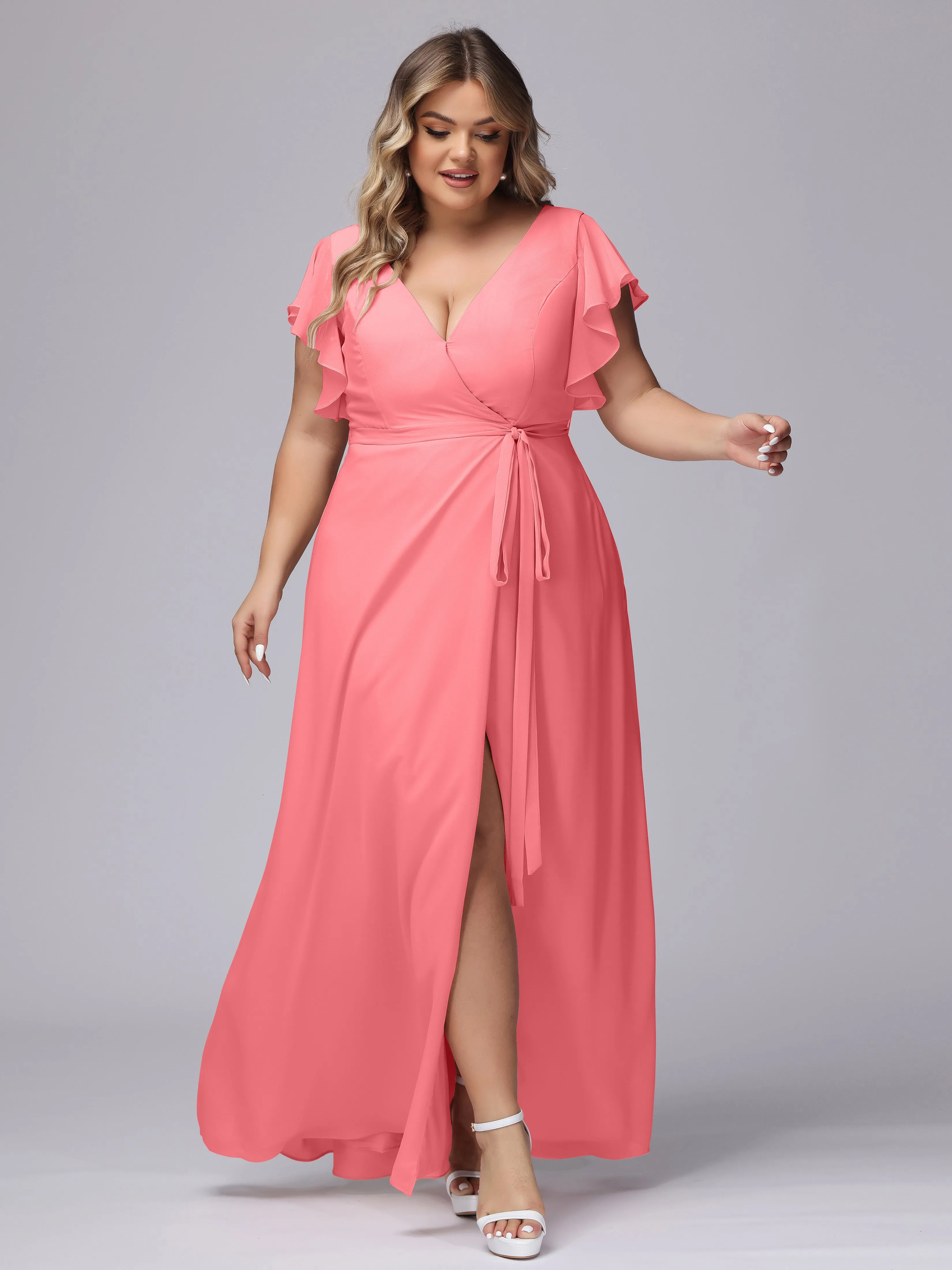 Simple V-neck Ruffled Sleeves Plus Size Chiffon Bridesmaid Dress