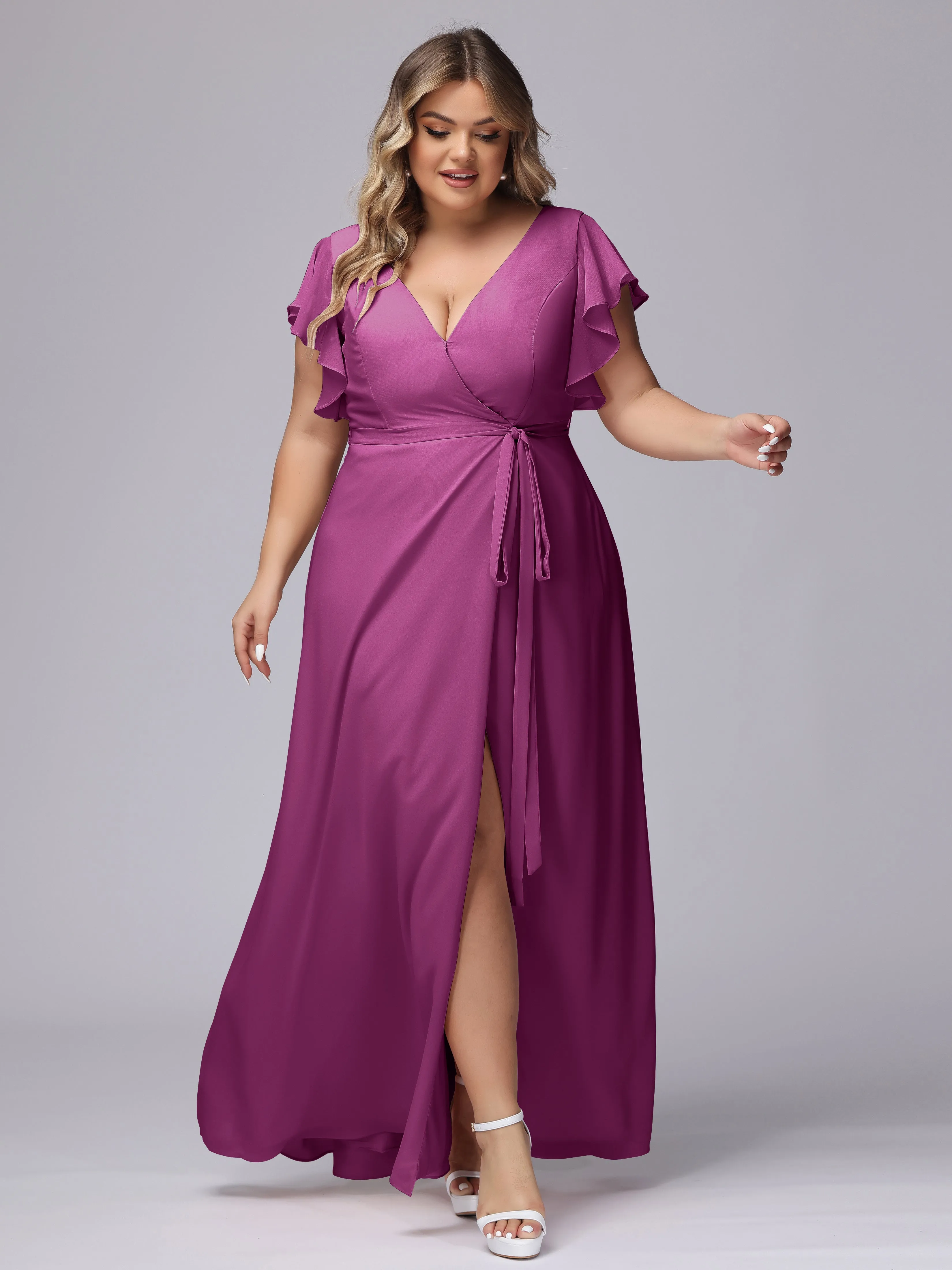 Simple V-neck Ruffled Sleeves Plus Size Chiffon Bridesmaid Dress