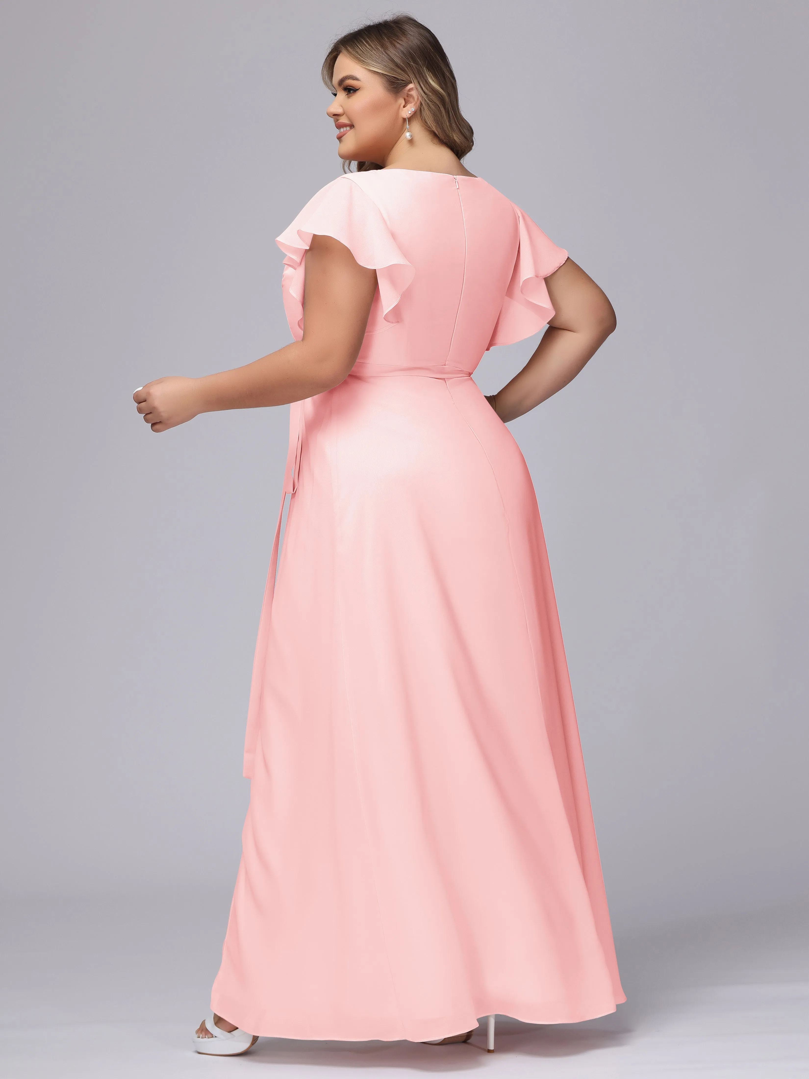 Simple V-neck Ruffled Sleeves Plus Size Chiffon Bridesmaid Dress