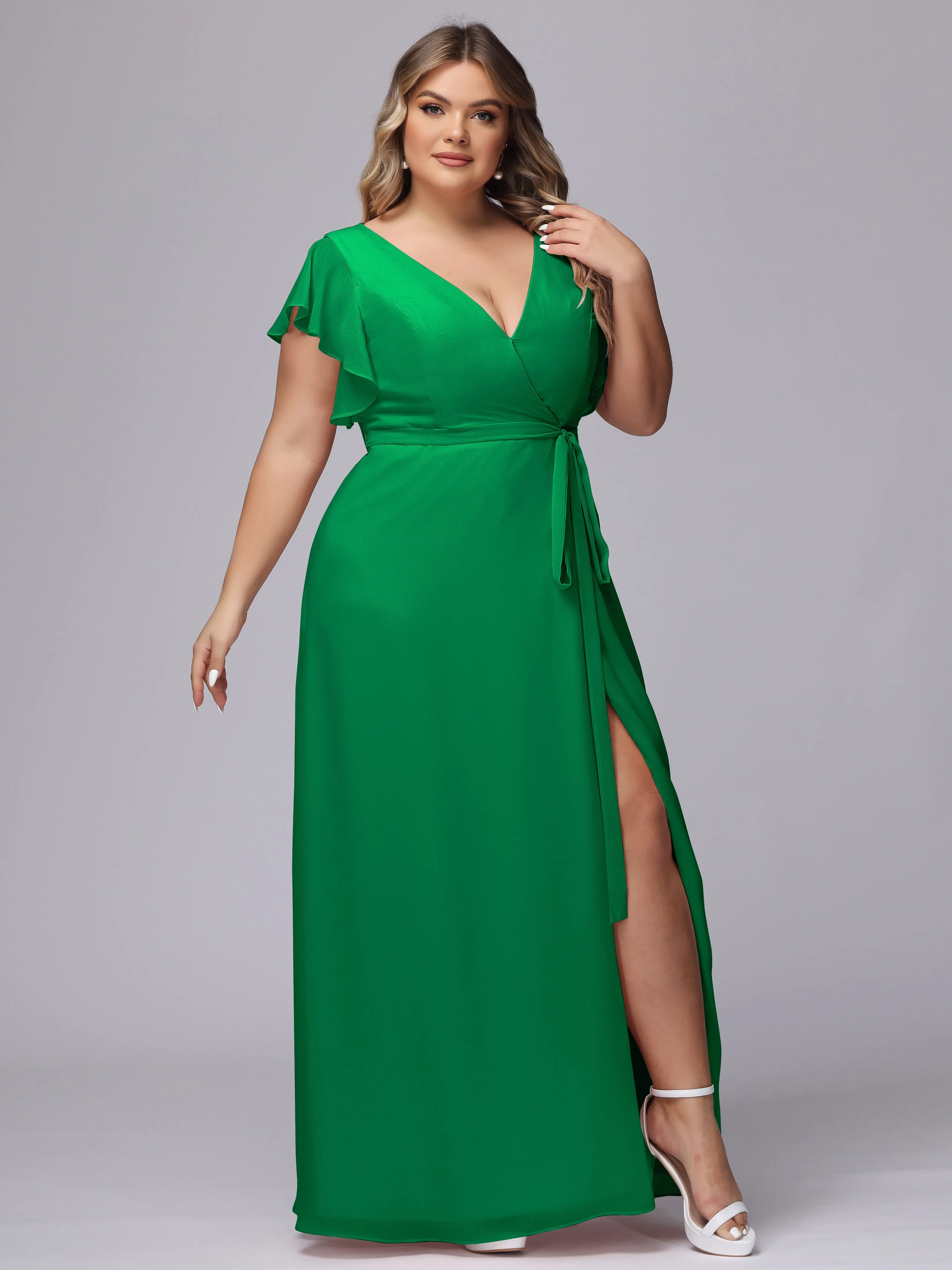 Simple V-neck Ruffled Sleeves Plus Size Chiffon Bridesmaid Dress