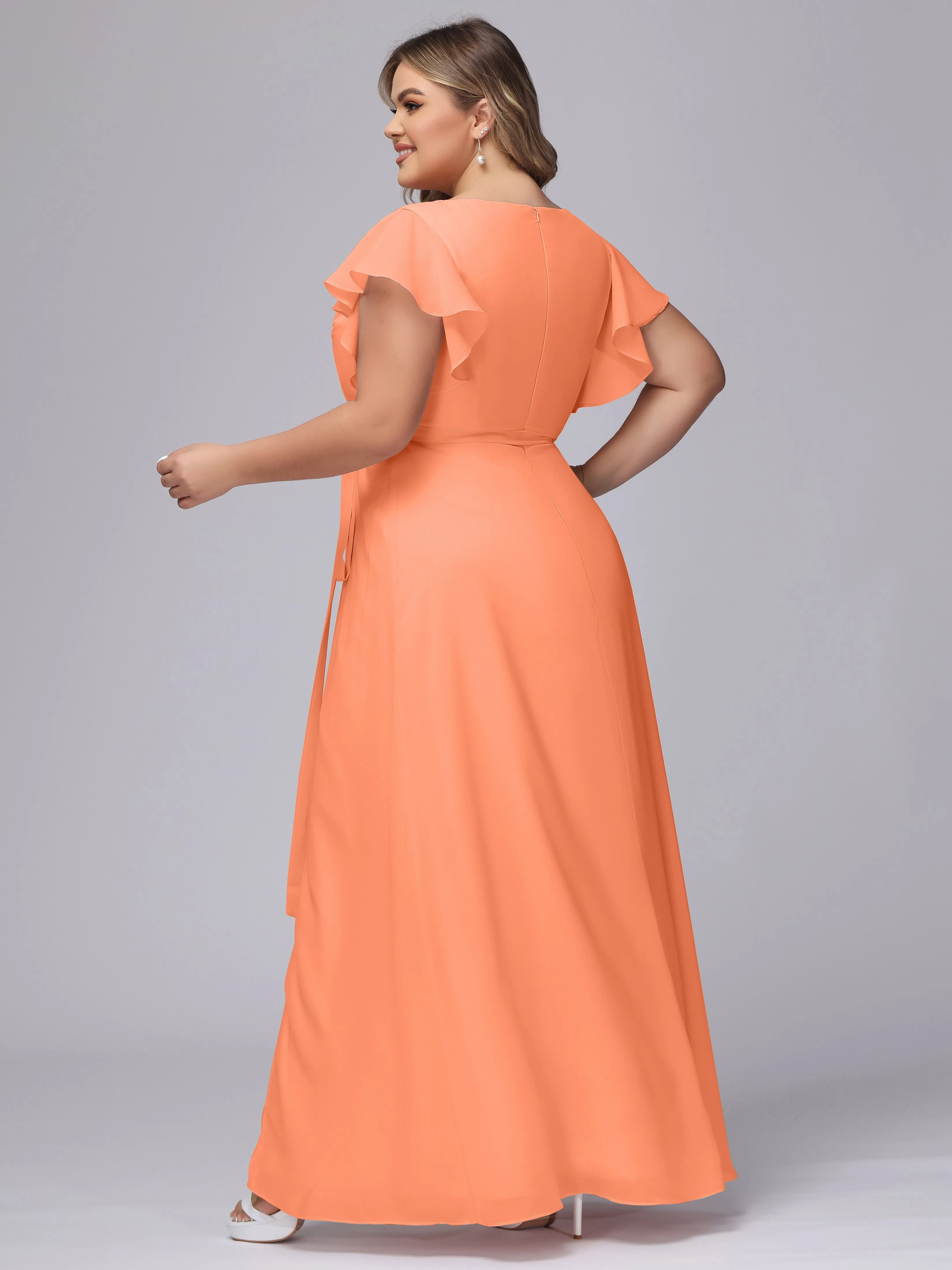 Simple V-neck Ruffled Sleeves Plus Size Chiffon Bridesmaid Dress