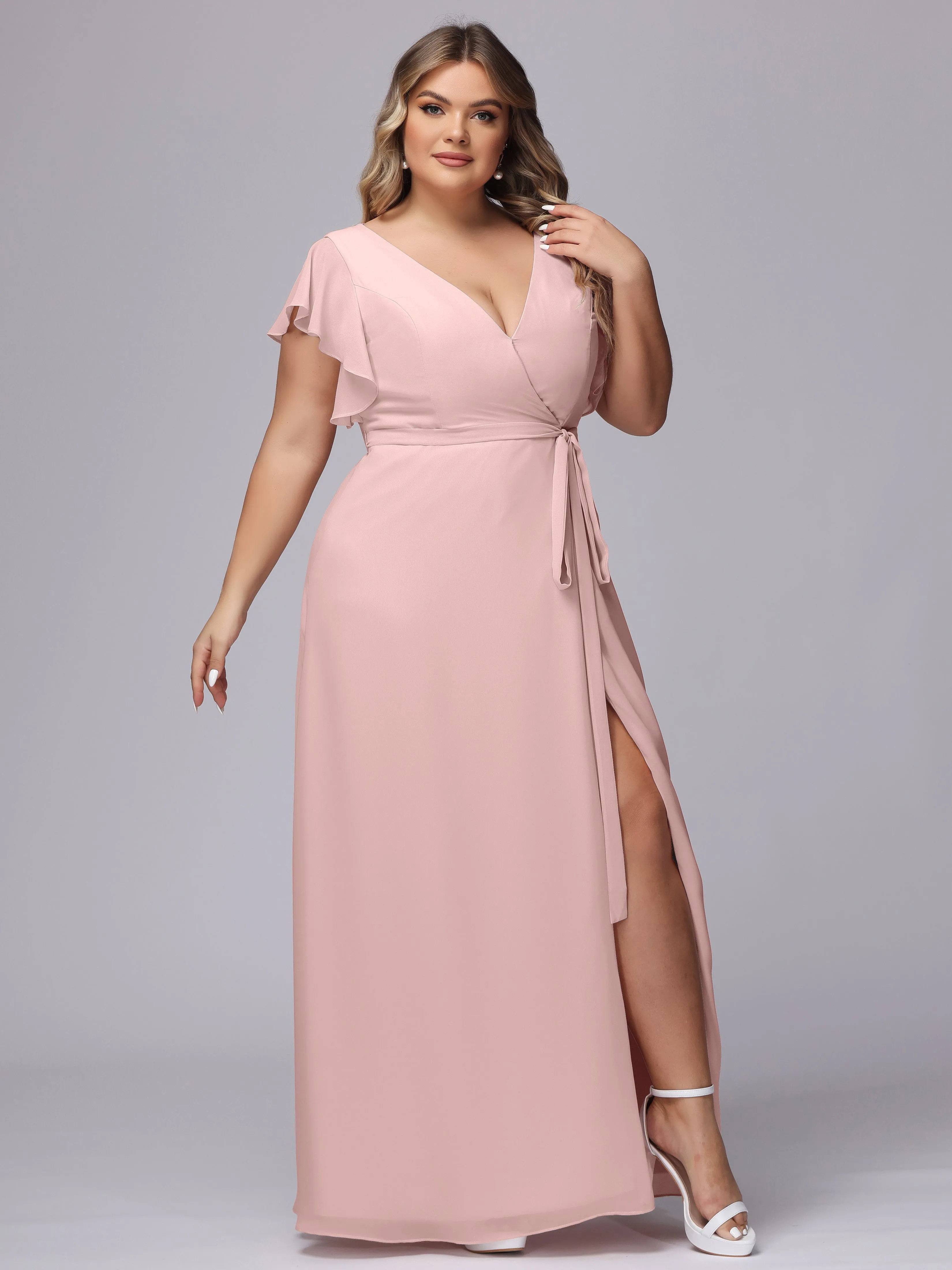 Simple V-neck Ruffled Sleeves Plus Size Chiffon Bridesmaid Dress