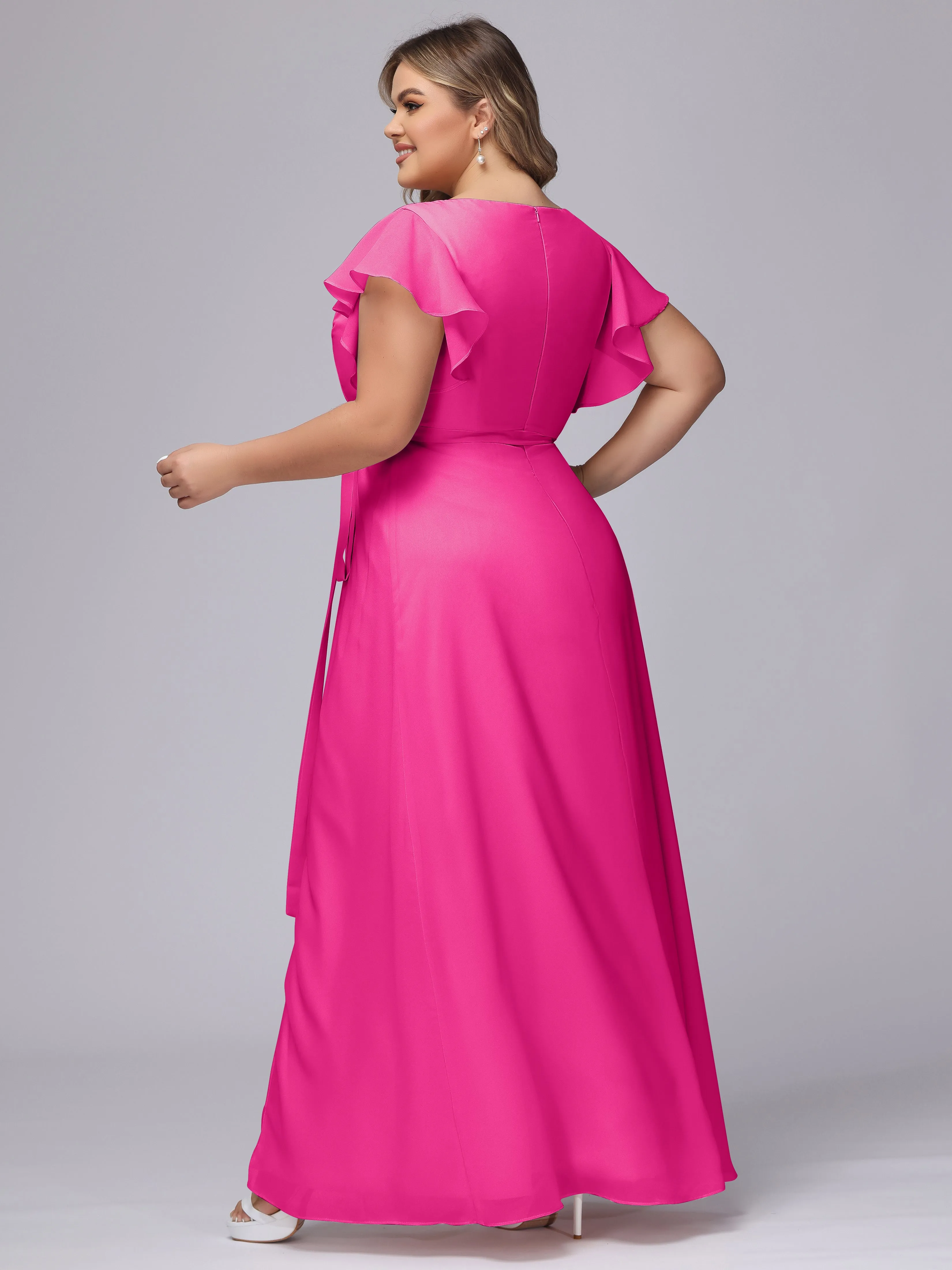 Simple V-neck Ruffled Sleeves Plus Size Chiffon Bridesmaid Dress