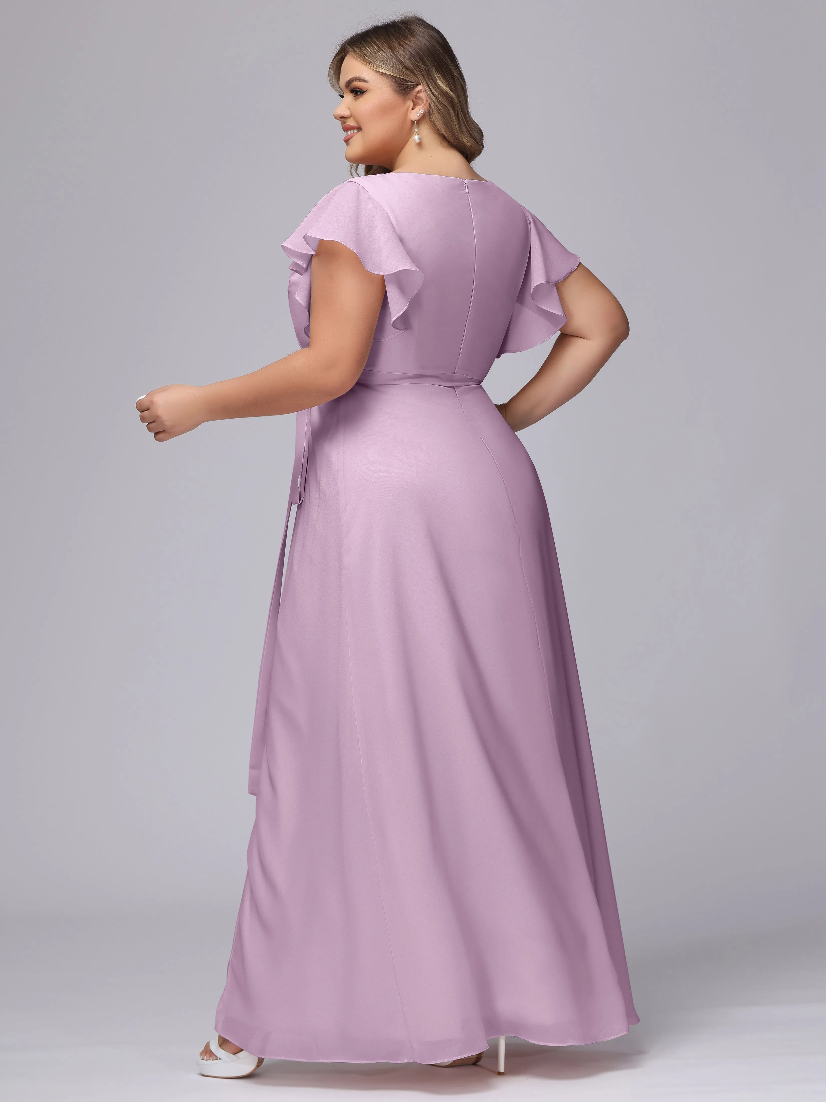 Simple V-neck Ruffled Sleeves Plus Size Chiffon Bridesmaid Dress