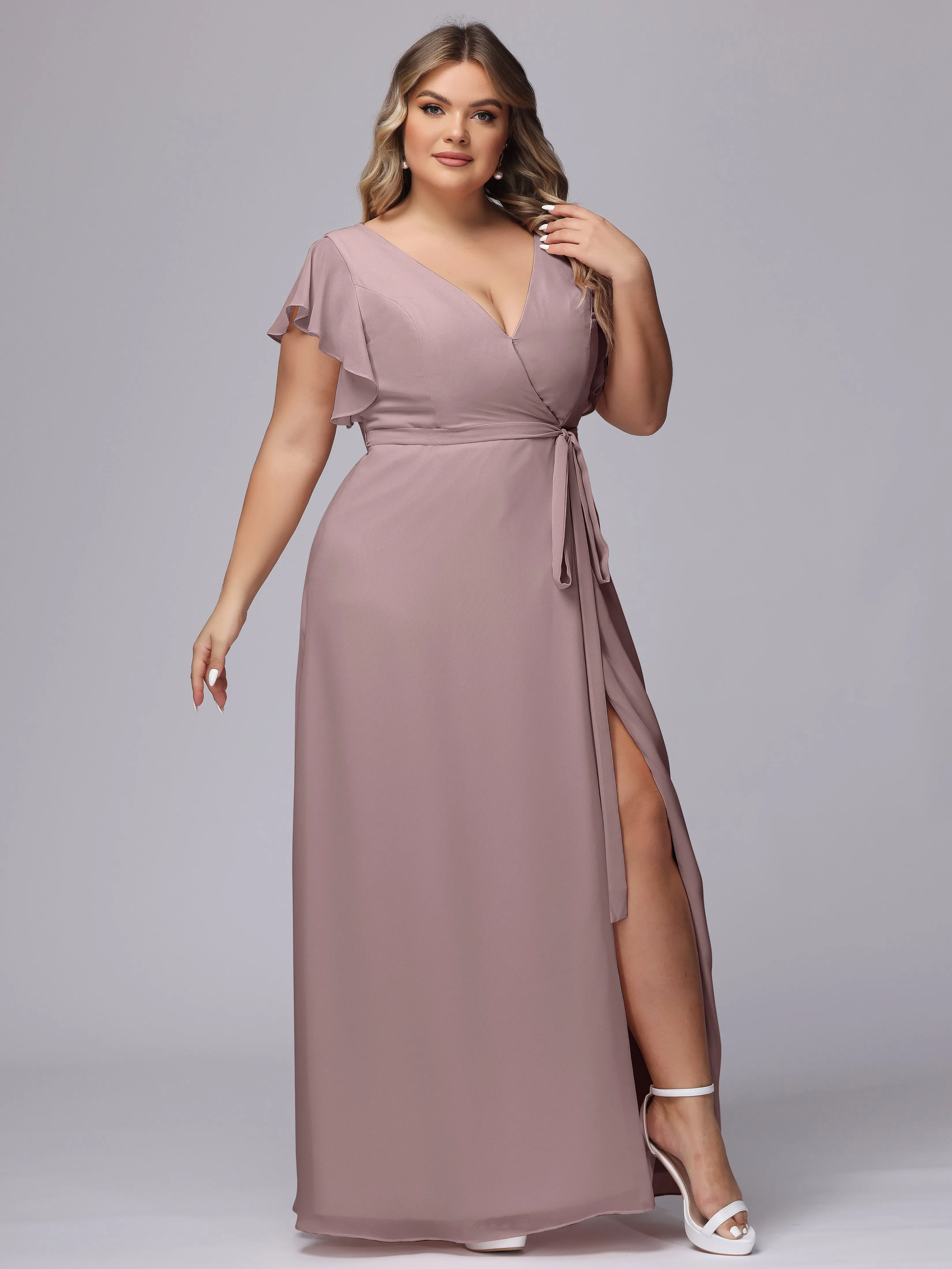 Simple V-neck Ruffled Sleeves Plus Size Chiffon Bridesmaid Dress