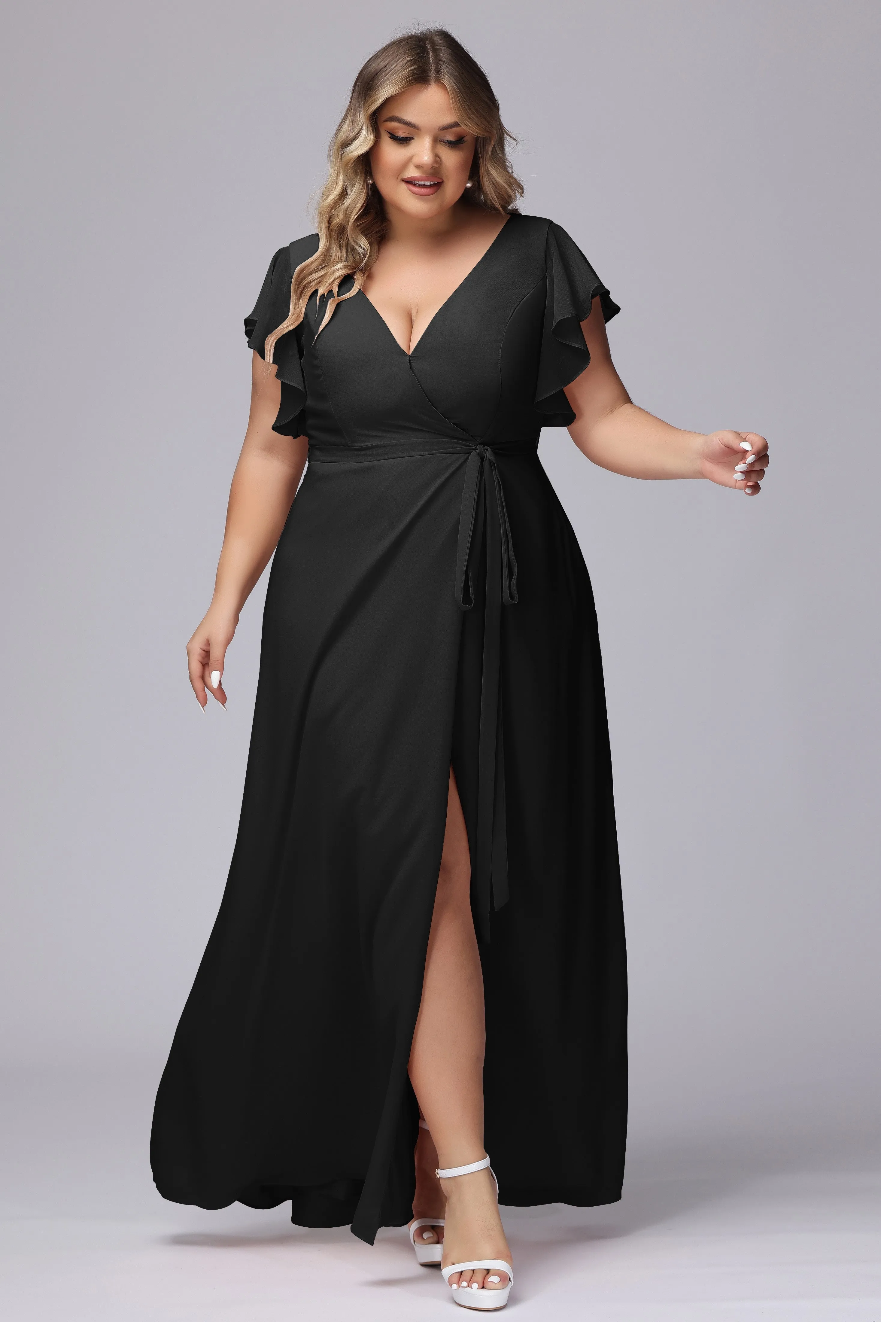 Simple V-neck Ruffled Sleeves Plus Size Chiffon Bridesmaid Dress