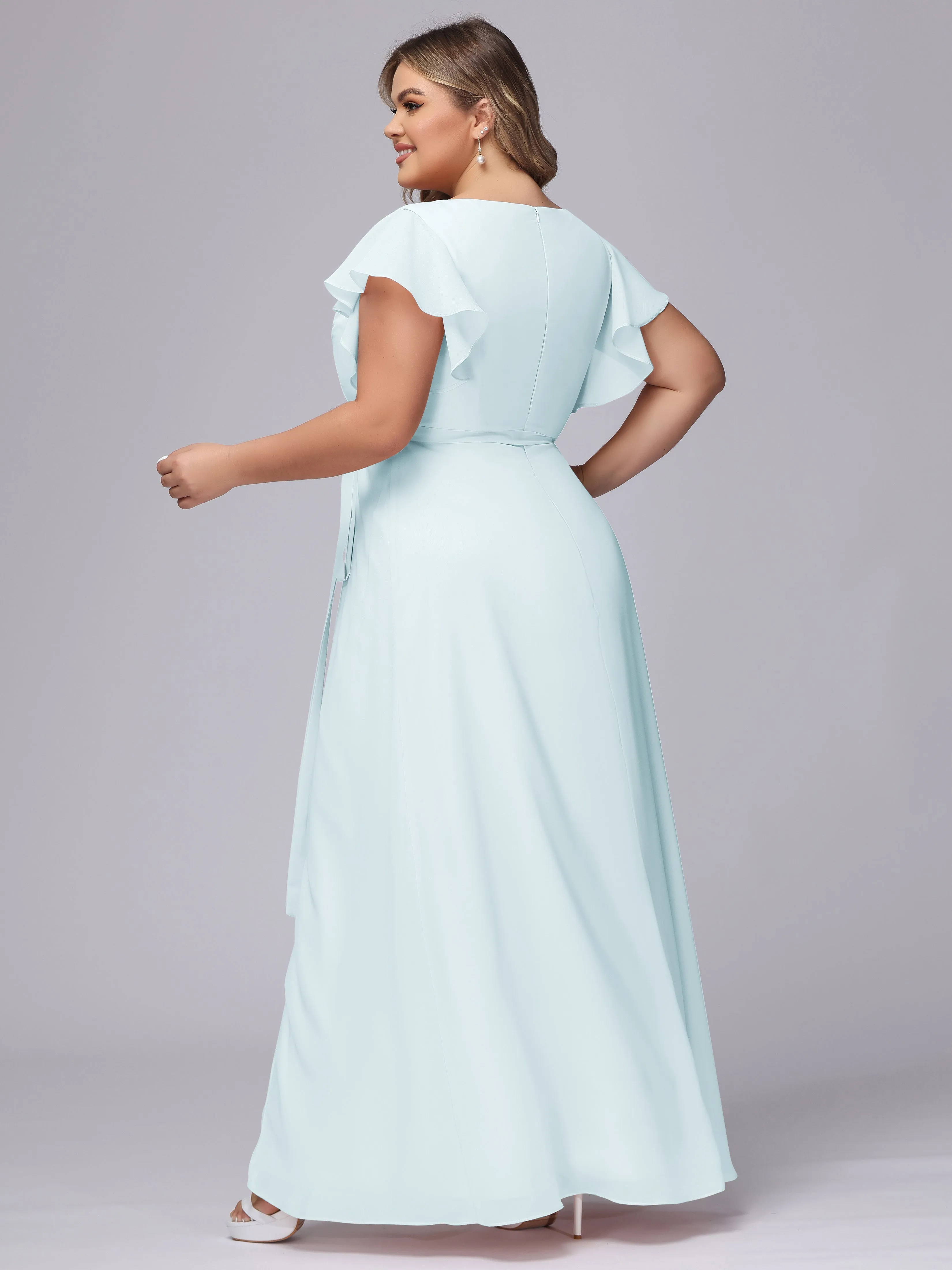 Simple V-neck Ruffled Sleeves Plus Size Chiffon Bridesmaid Dress