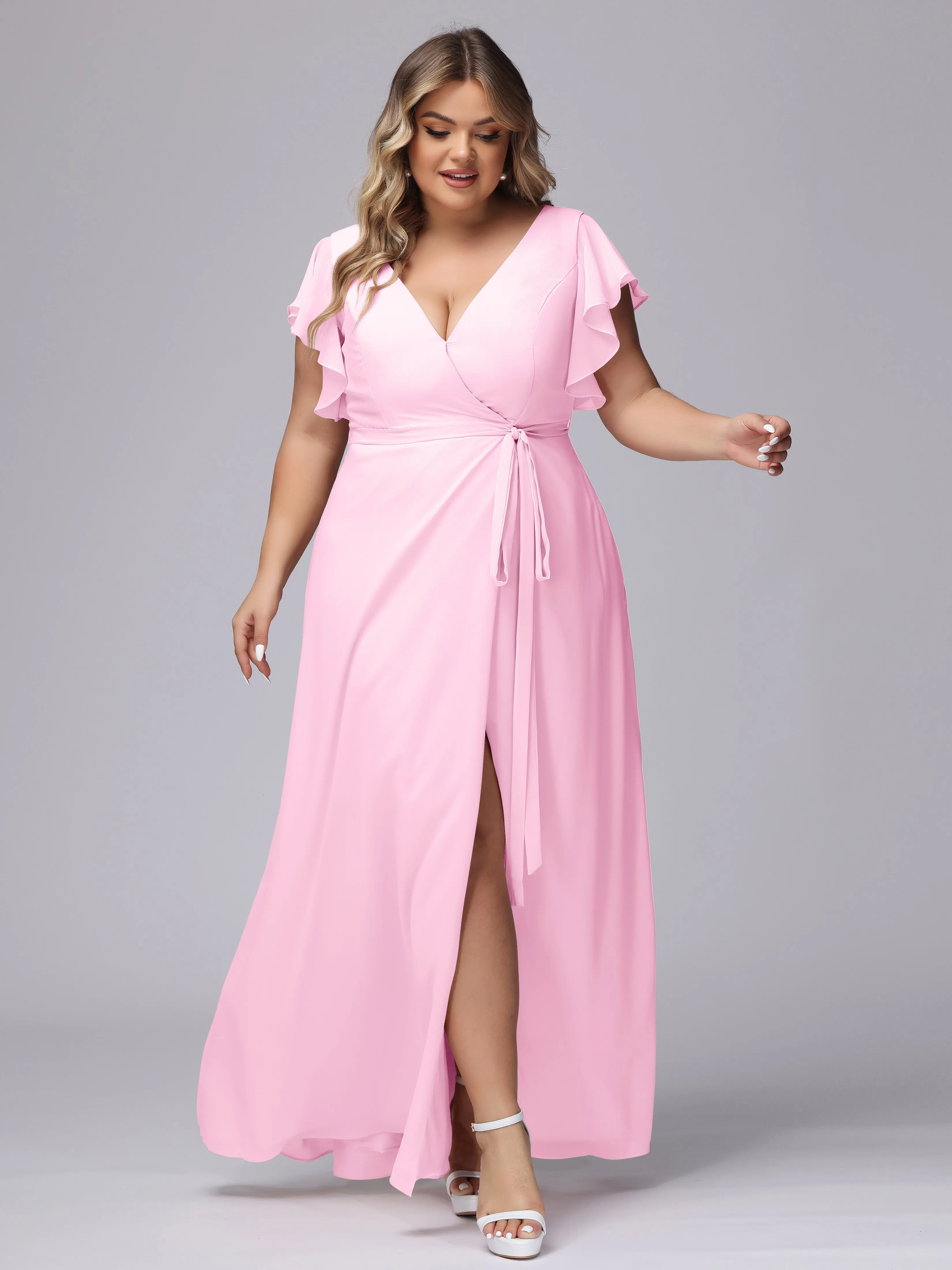 Simple V-neck Ruffled Sleeves Plus Size Chiffon Bridesmaid Dress