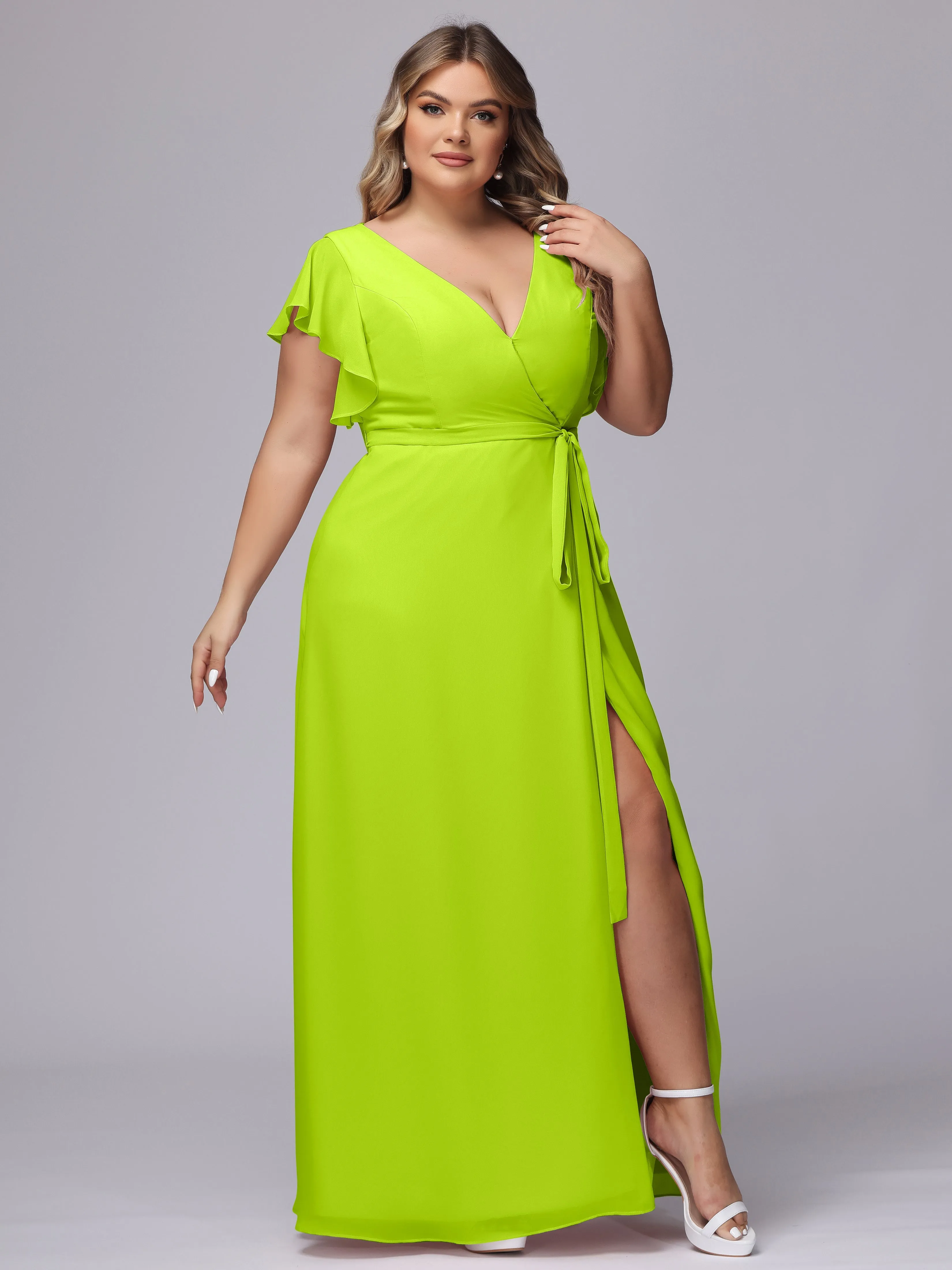 Simple V-neck Ruffled Sleeves Plus Size Chiffon Bridesmaid Dress