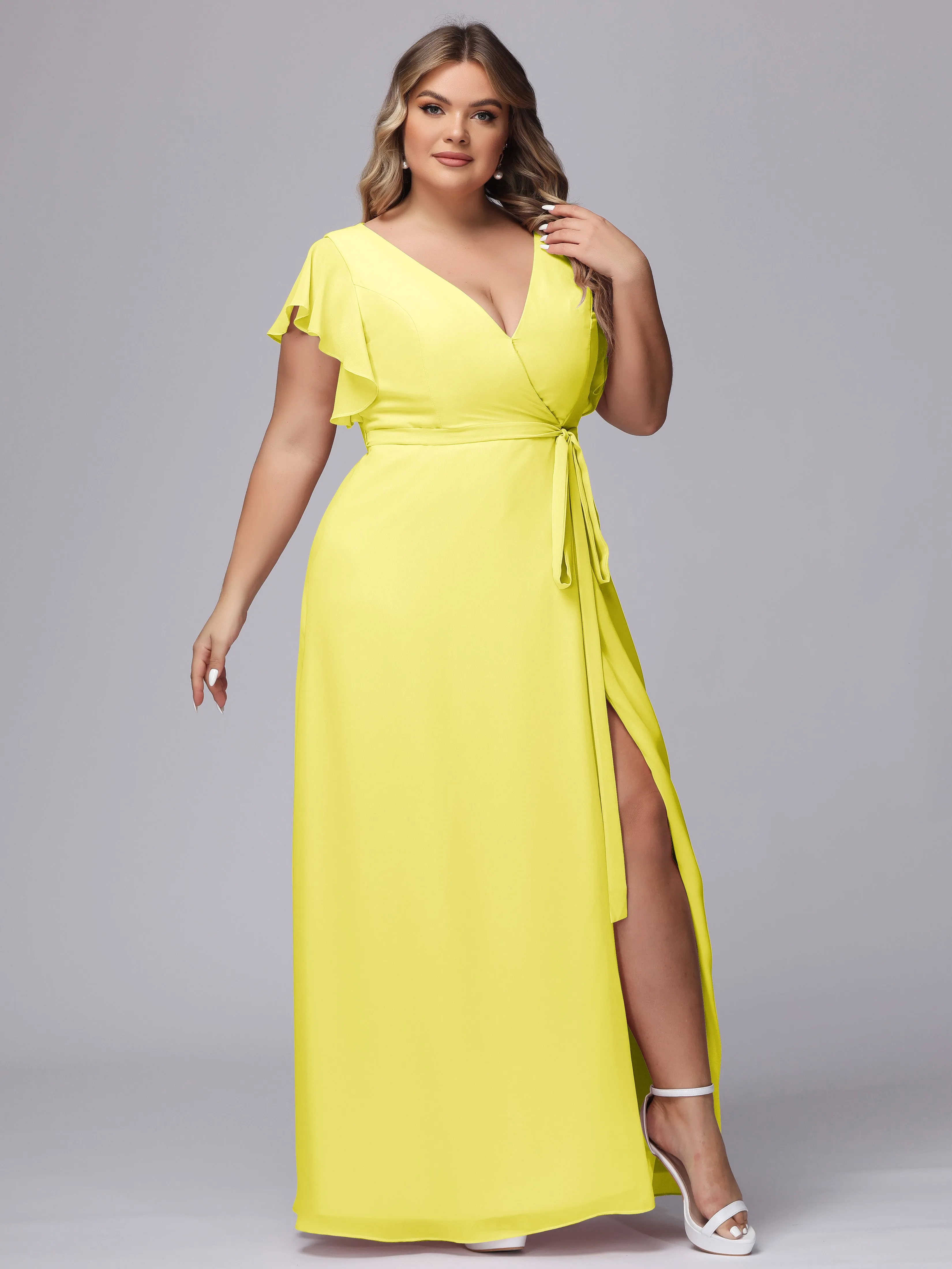 Simple V-neck Ruffled Sleeves Plus Size Chiffon Bridesmaid Dress