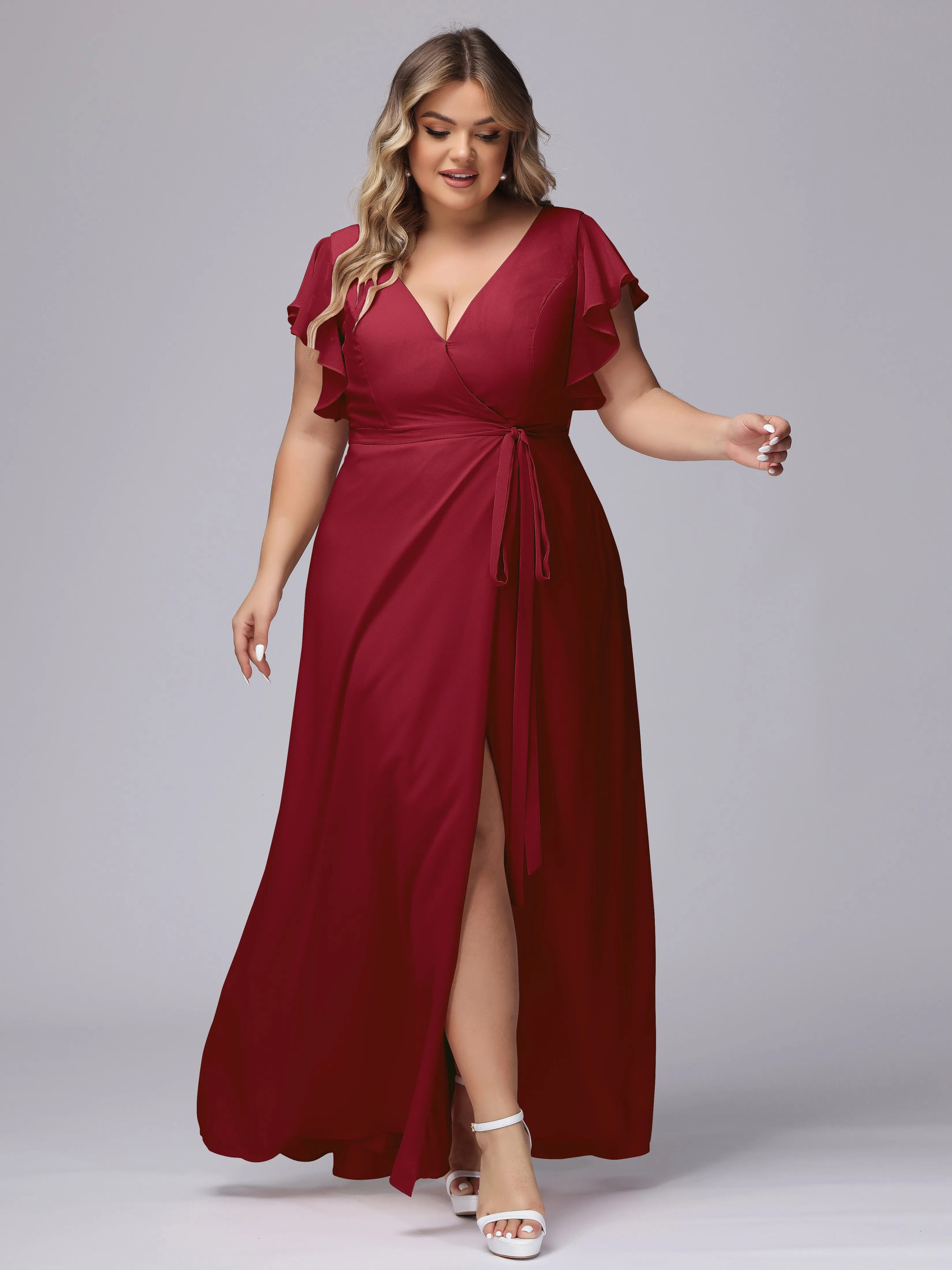 Simple V-neck Ruffled Sleeves Plus Size Chiffon Bridesmaid Dress